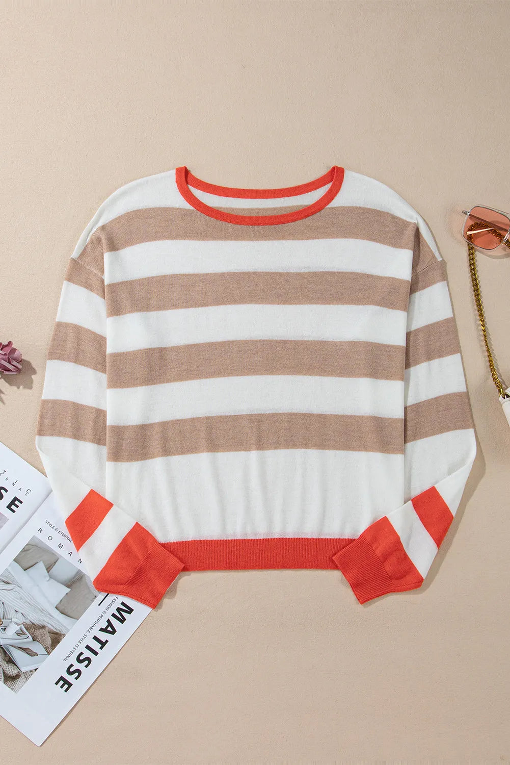 Contrast Striped Round Neck Long Sleeve Knit Top-TOPS / DRESSES-[Adult]-[Female]-2022 Online Blue Zone Planet