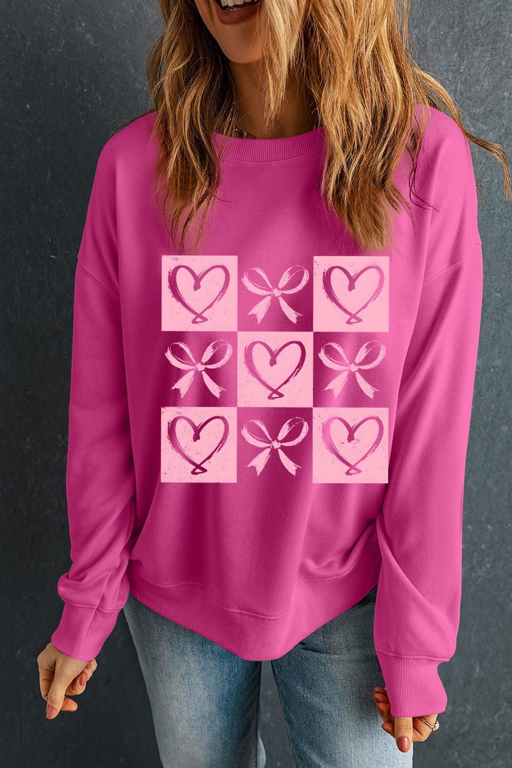 Bonbon Heart Shape Bow Checker Graphic Valentine Drop Shoulder Sweatshirt-Graphic Sweatshirts-[Adult]-[Female]-2022 Online Blue Zone Planet