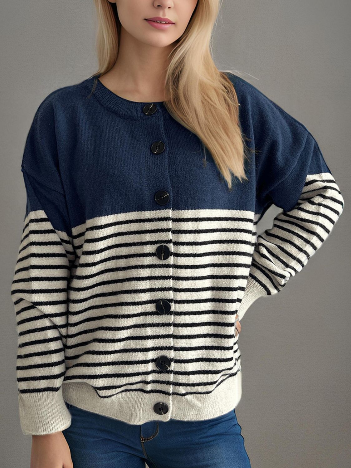 Striped Button Down Long Sleeve Cardigan-NEW ARRIVALS-[Adult]-[Female]-2022 Online Blue Zone Planet