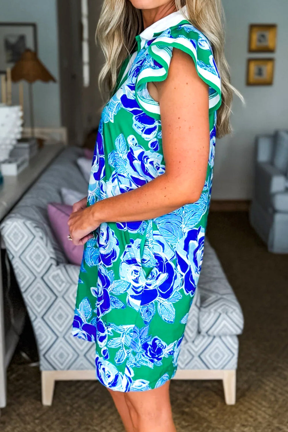 Bright Green Contrast Floral Print Collared V Neckline Ruffled Cap Sleeve Shift Dress with Pockets-Dresses/Floral Dresses-[Adult]-[Female]-2022 Online Blue Zone Planet