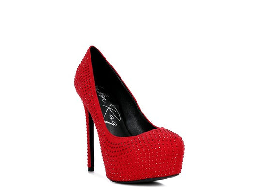 Blue Zone Planet | CLARISSE Diamante Faux Suede high Heeled Pumps-SHOES-[Adult]-[Female]-Red-5-2022 Online Blue Zone Planet