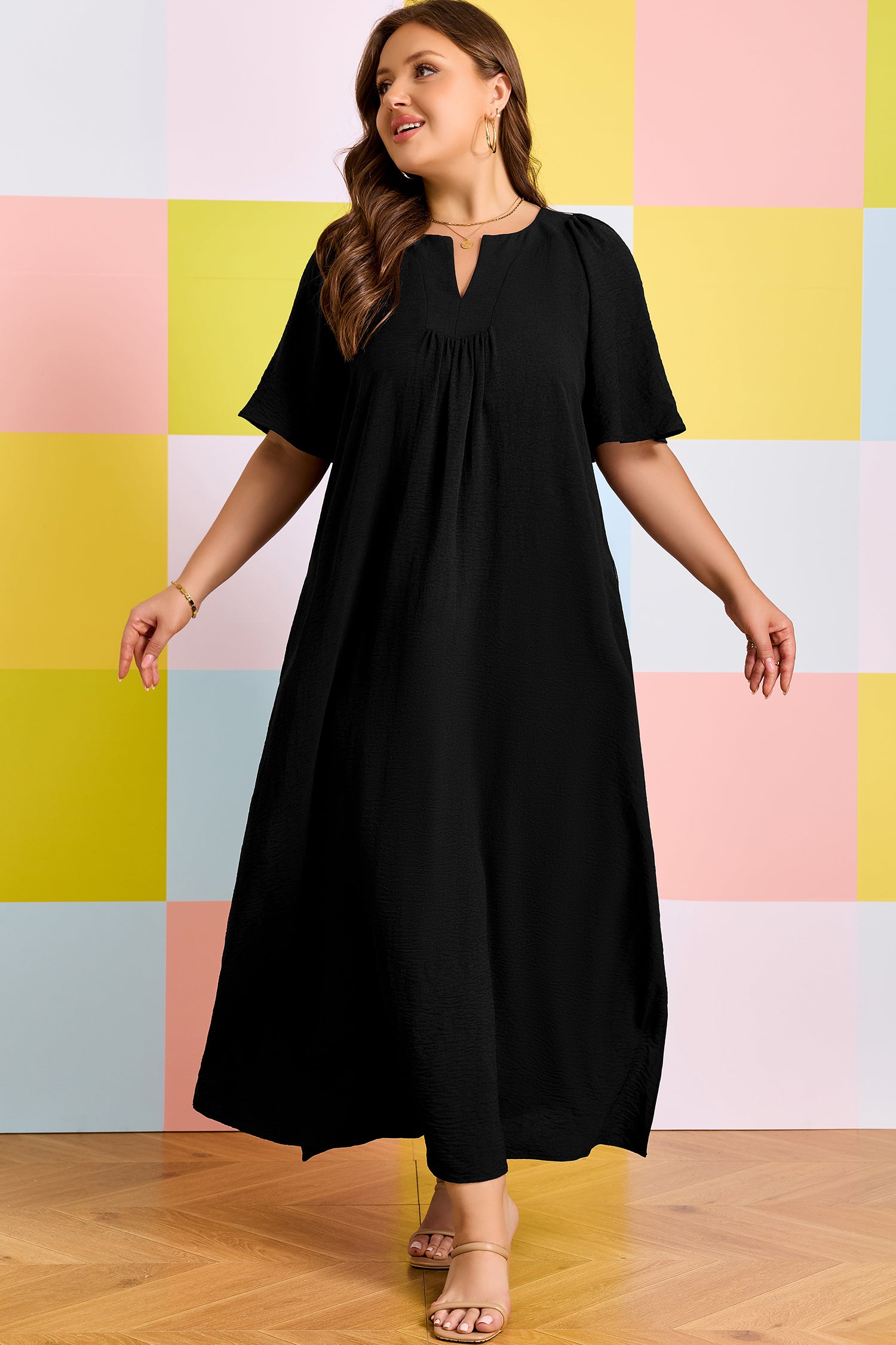 Black Plus Size Solid Color Notched Neck Short Sleeve Loose Dress-TOPS / DRESSES-[Adult]-[Female]-2022 Online Blue Zone Planet