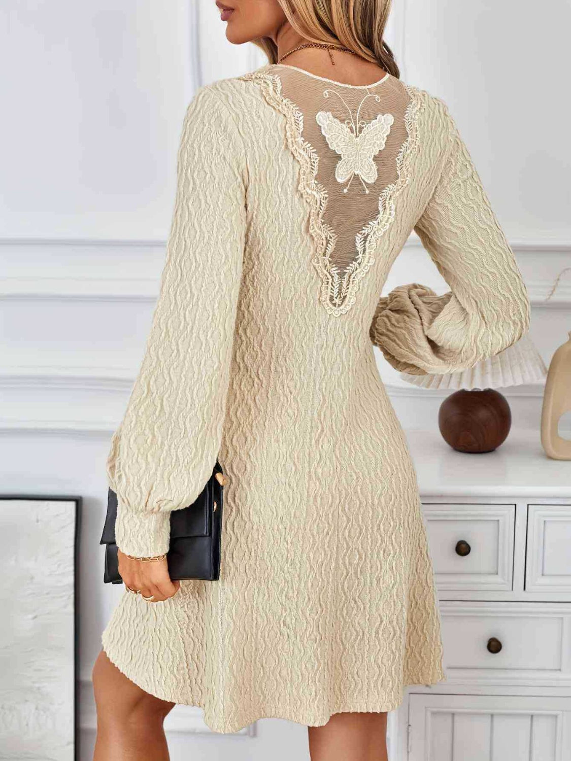 Lace Detail V-Neck Long Sleeve Dress-TOPS / DRESSES-[Adult]-[Female]-2022 Online Blue Zone Planet