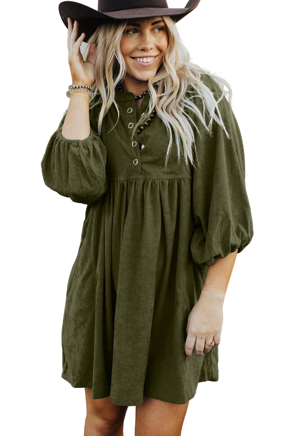 Vineyard Green Corduroy Snap Buttons Empire Waist Bracelet Sleeve Dress-Dresses/Mini Dresses-[Adult]-[Female]-2022 Online Blue Zone Planet