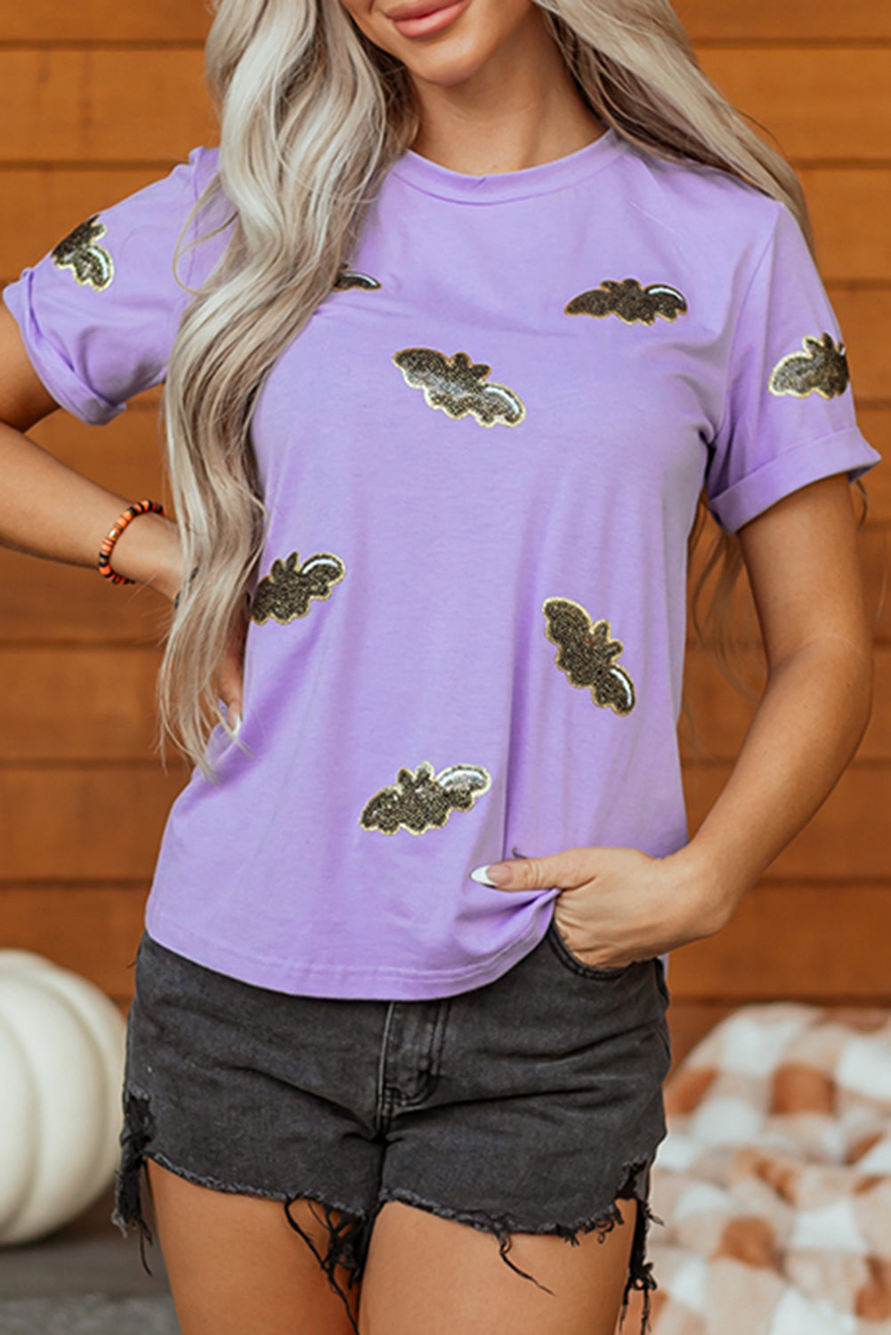 Wisteria Sequin Halloween Bat Patched Casual T Shirt-Graphic/Graphic Tees-[Adult]-[Female]-2022 Online Blue Zone Planet
