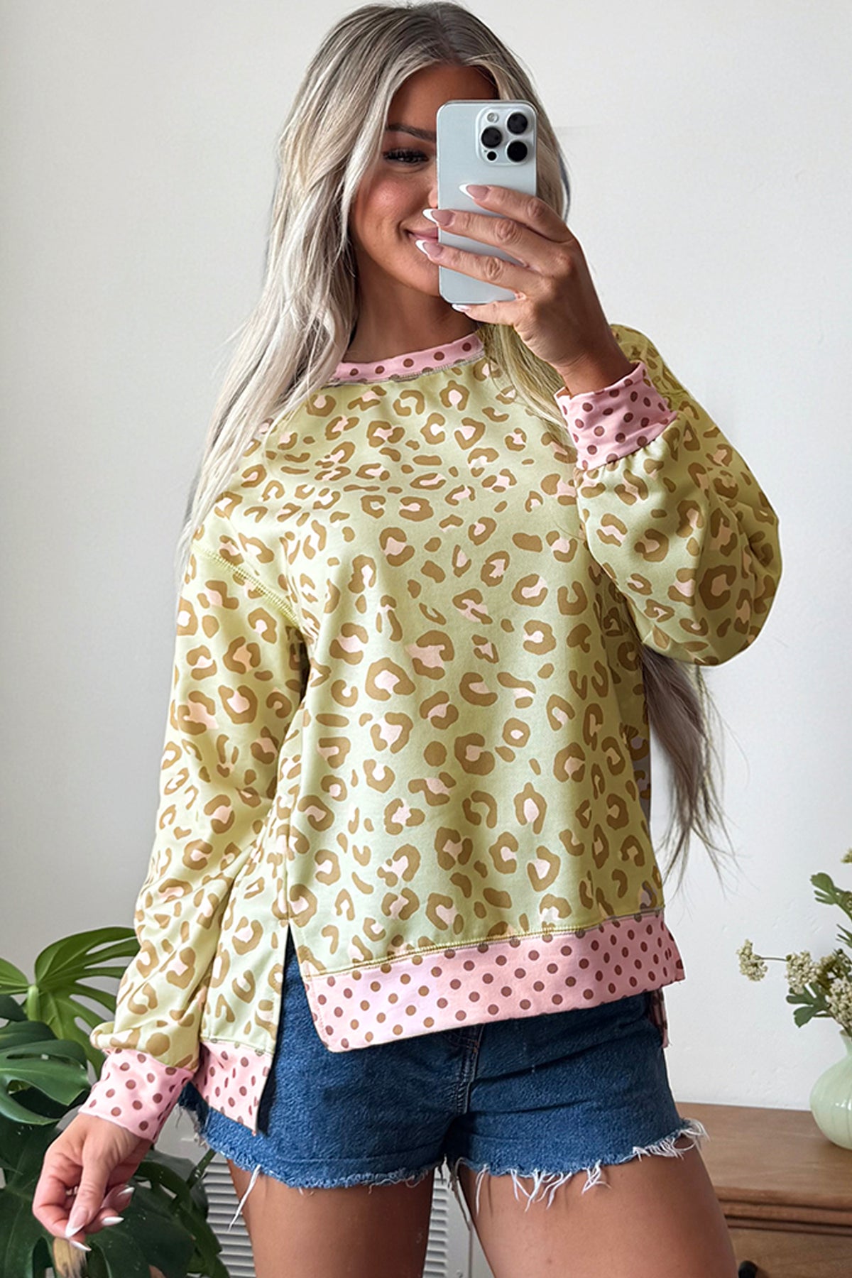 Pink Leopard Polka Dot Colorblock Trim Long Sleeve Top-Tops/Long Sleeve Tops-[Adult]-[Female]-2022 Online Blue Zone Planet