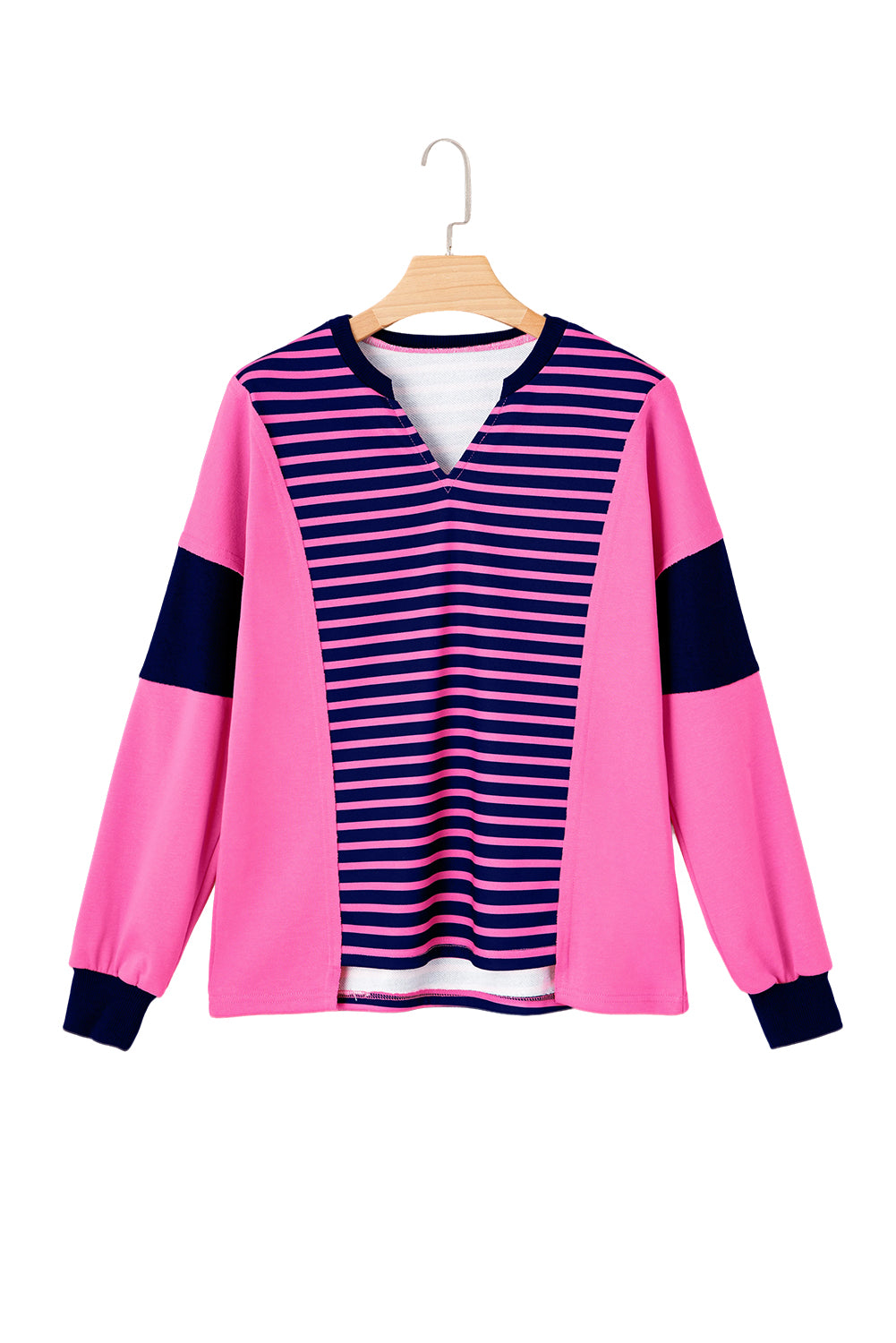 Pink Stripe Color Block V Neck Loose Fit Long Sleeve Top-Tops/Long Sleeve Tops-[Adult]-[Female]-2022 Online Blue Zone Planet