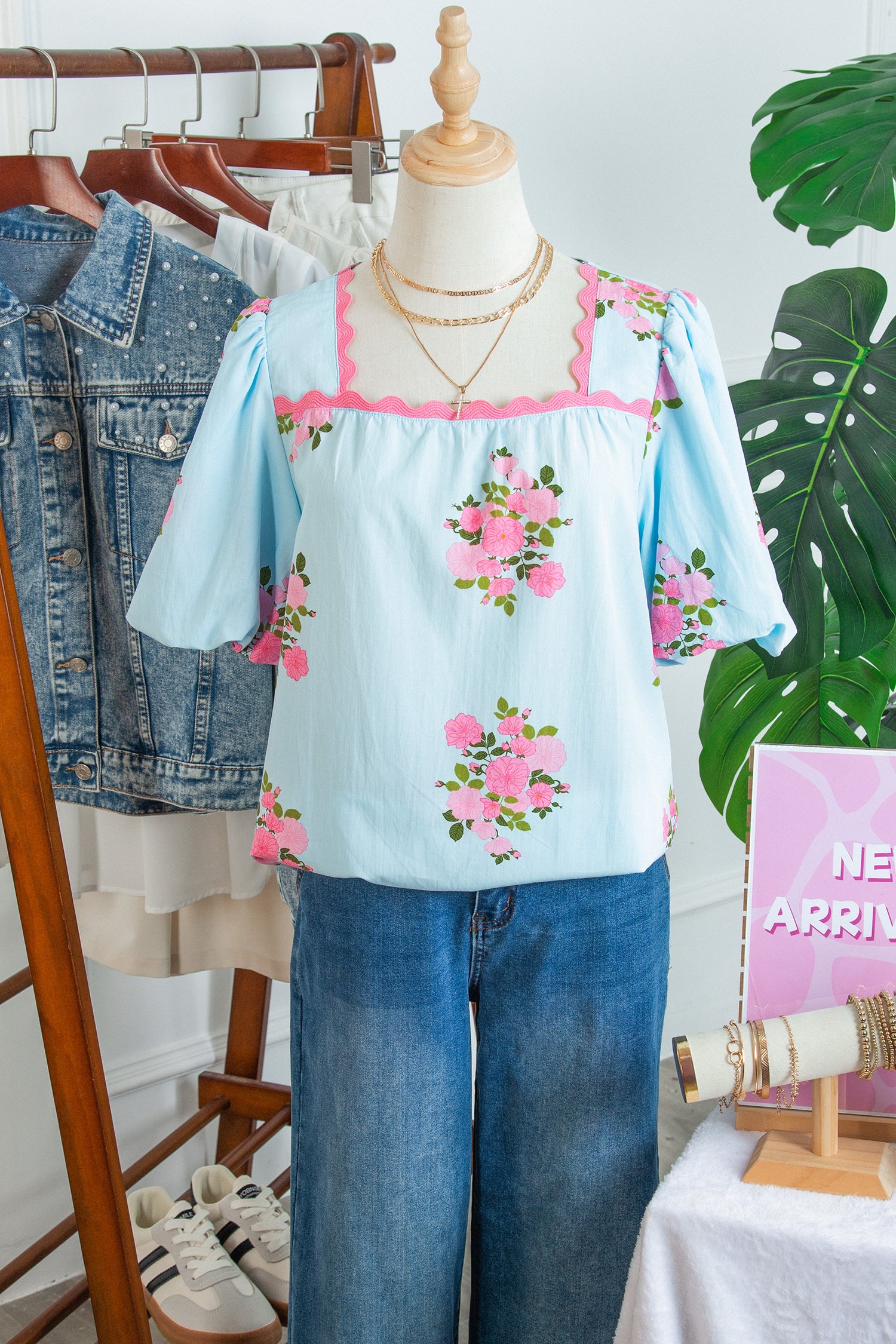 Sky Blue Floral Printed Contrast Ricrac Detail Bubble Sleeve Blouse-Tops/Blouses & Shirts-[Adult]-[Female]-2022 Online Blue Zone Planet