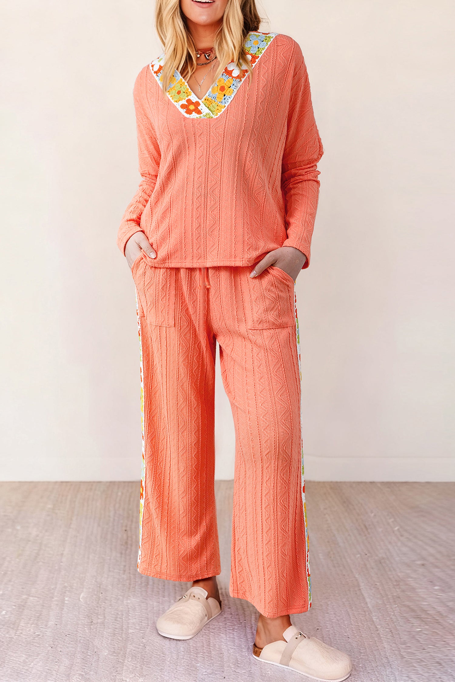 Grapefruit Orange Crochet Floral Accent V Neck Textured Pants Set-Two Piece Sets/Pant Sets-[Adult]-[Female]-Grapefruit Orange-S-2022 Online Blue Zone Planet