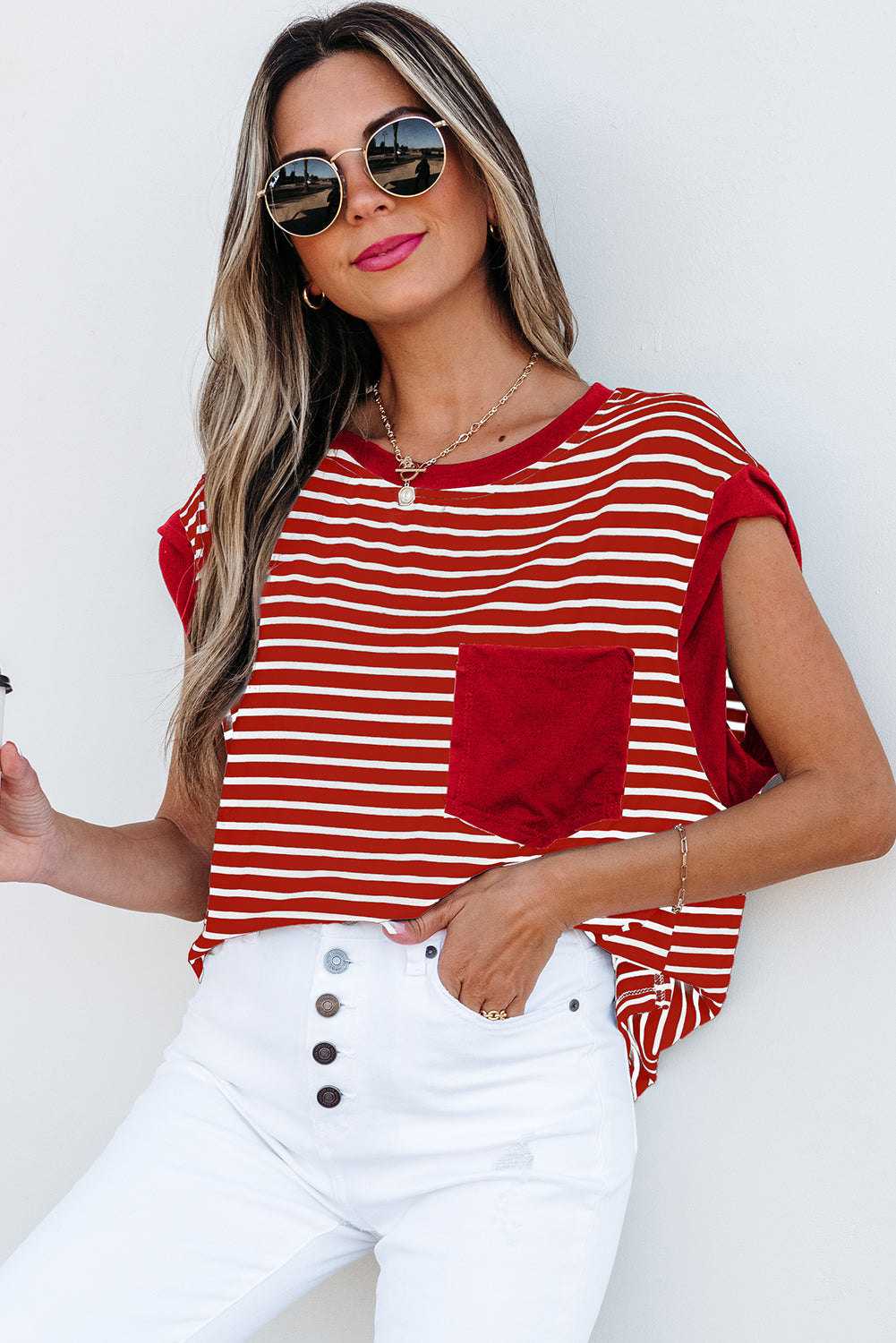 Red Stripe Chest Pocket Patch Round Neck Tank Top-Tops/Tank Tops-[Adult]-[Female]-2022 Online Blue Zone Planet