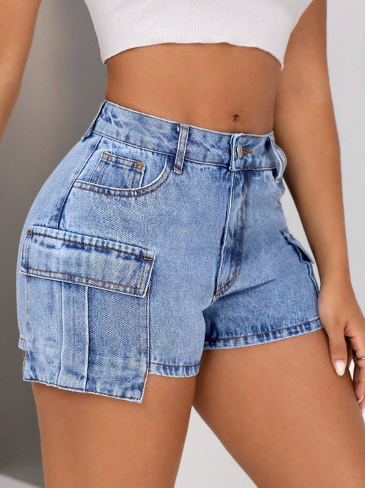 Mid-Rise Waist Denim Shorts with Pockets-BOTTOMS SIZES SMALL MEDIUM LARGE-[Adult]-[Female]-Light-S-2022 Online Blue Zone Planet