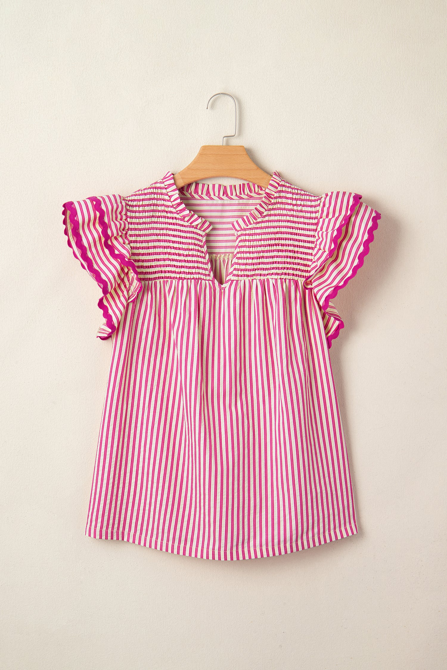Rose Stripe Shirred Yoke Ruffled Short Sleeve Blouse-Tops/Blouses & Shirts-[Adult]-[Female]-2022 Online Blue Zone Planet