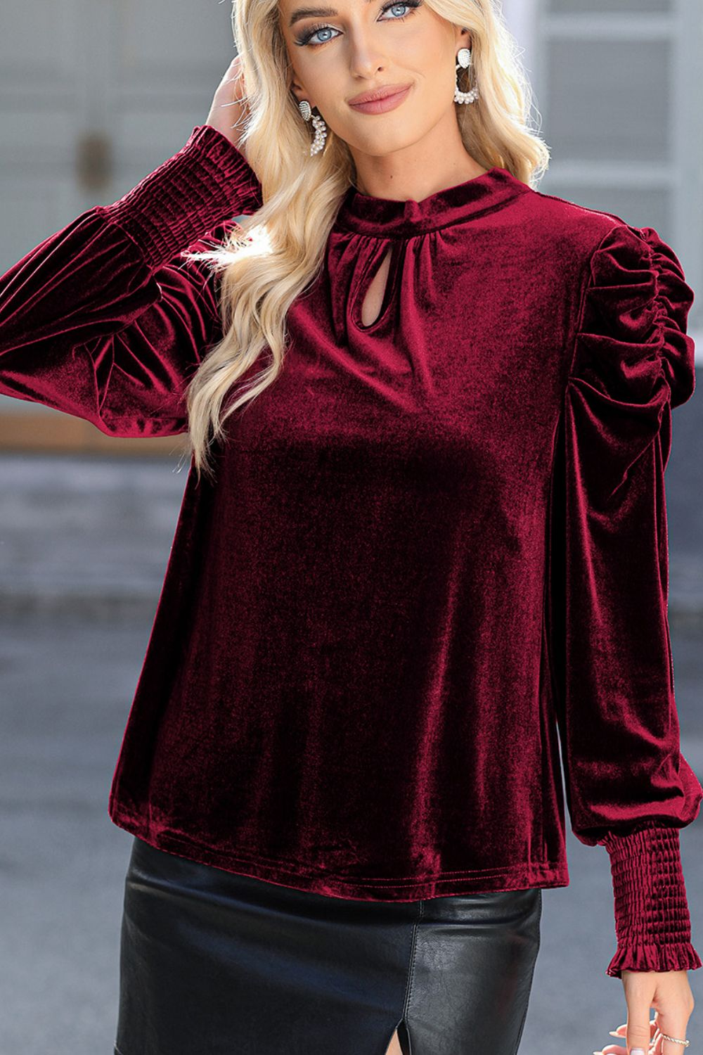 Mock Neck Puff Sleeve Velvet Blouse-TOPS / DRESSES-[Adult]-[Female]-2022 Online Blue Zone Planet