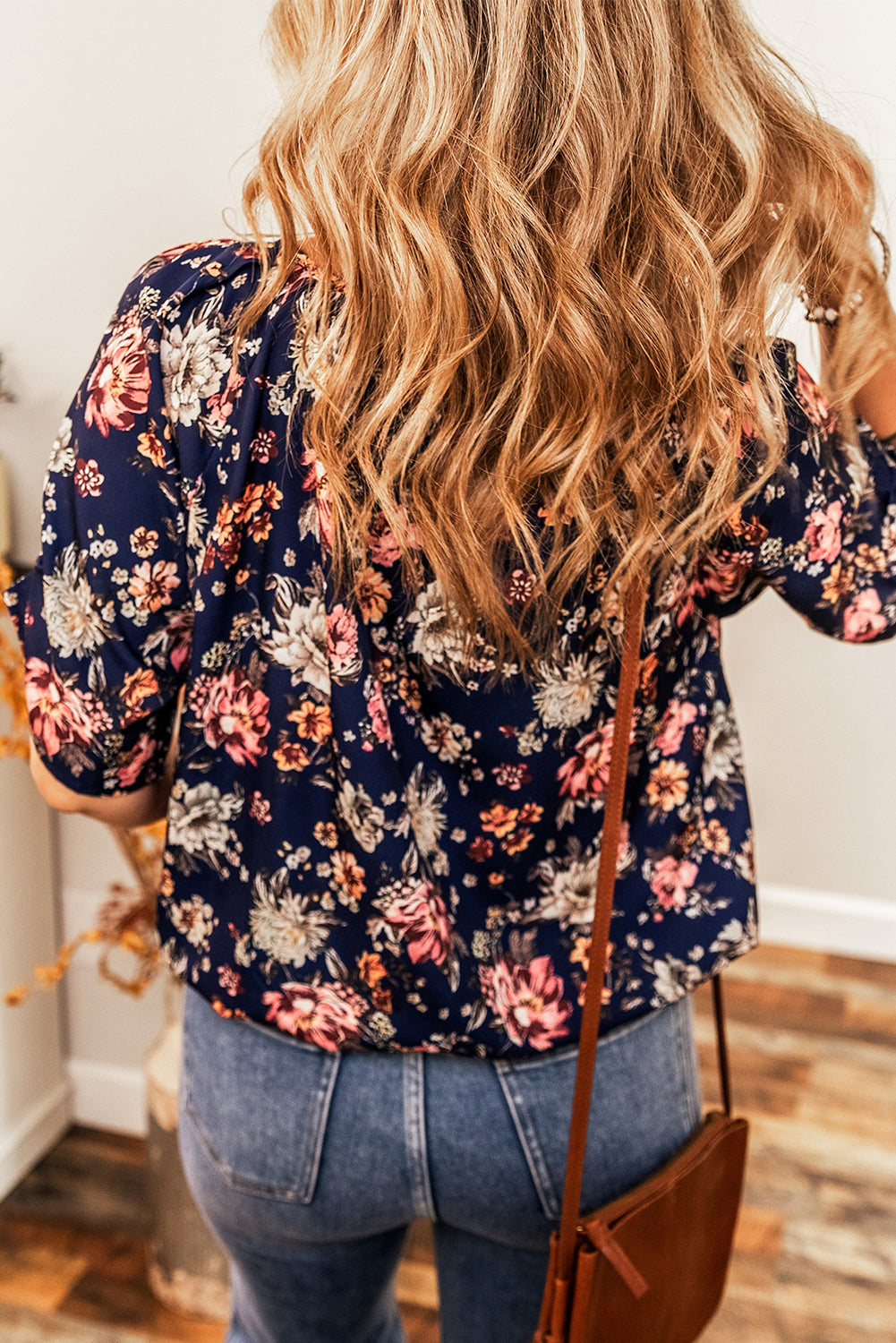 Blue Floral Short Sleeve Scoop Neck Casual Blouse-Tops/Blouses & Shirts-[Adult]-[Female]-2022 Online Blue Zone Planet