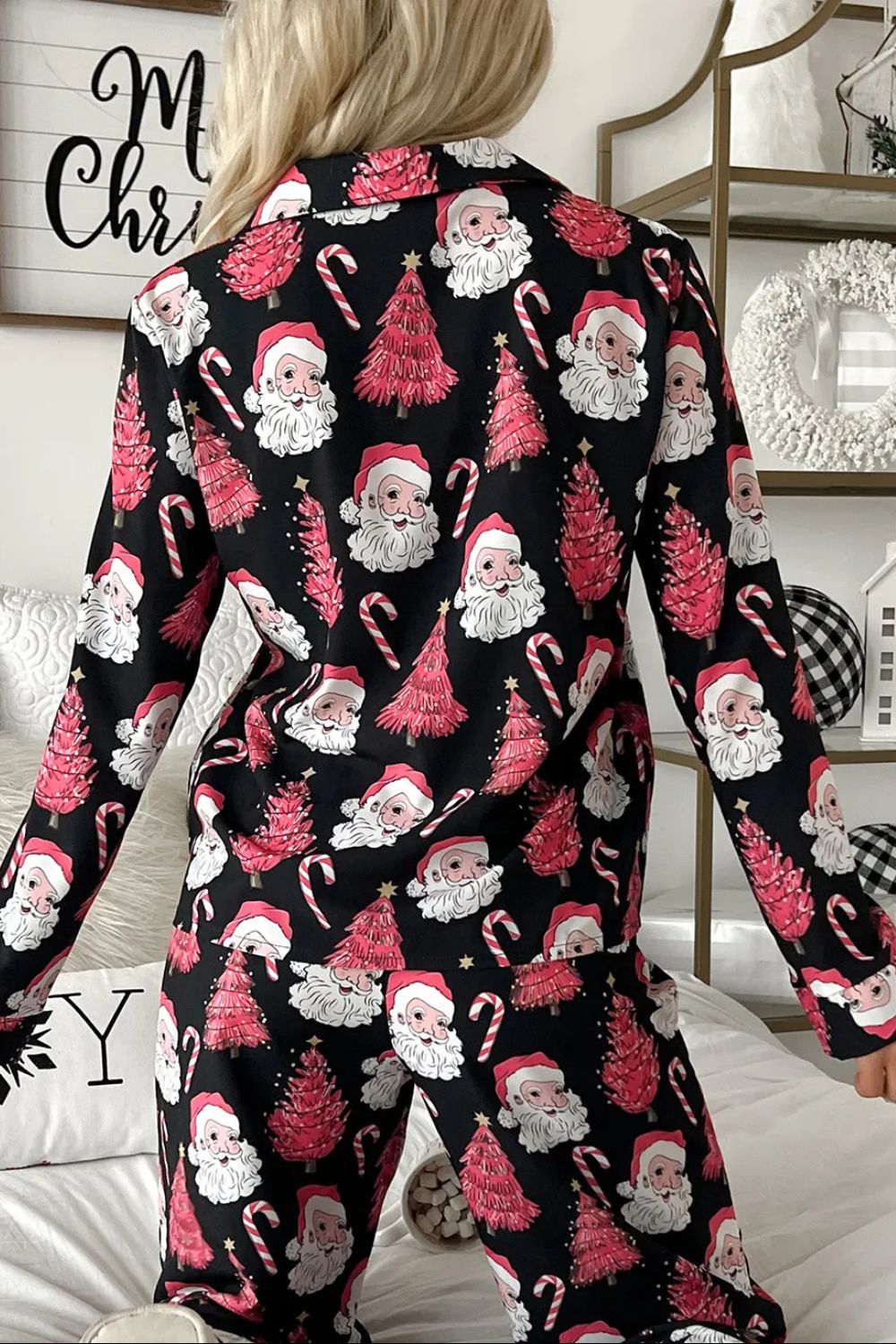 Christmas Printed Collared Neck Top and Pants Lounge Set-TOPS / DRESSES-[Adult]-[Female]-2022 Online Blue Zone Planet