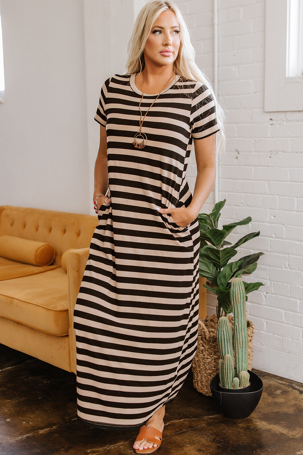 Black Stripe Casual Round Neck T-Shirt Maxi Dress With Pockets-Dresses/T Shirt Dresses-[Adult]-[Female]-2022 Online Blue Zone Planet