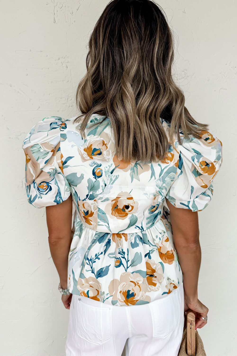 Green Floral Print Puff Sleeve V Neck Babydoll Blouse-Tops/Blouses & Shirts-[Adult]-[Female]-2022 Online Blue Zone Planet