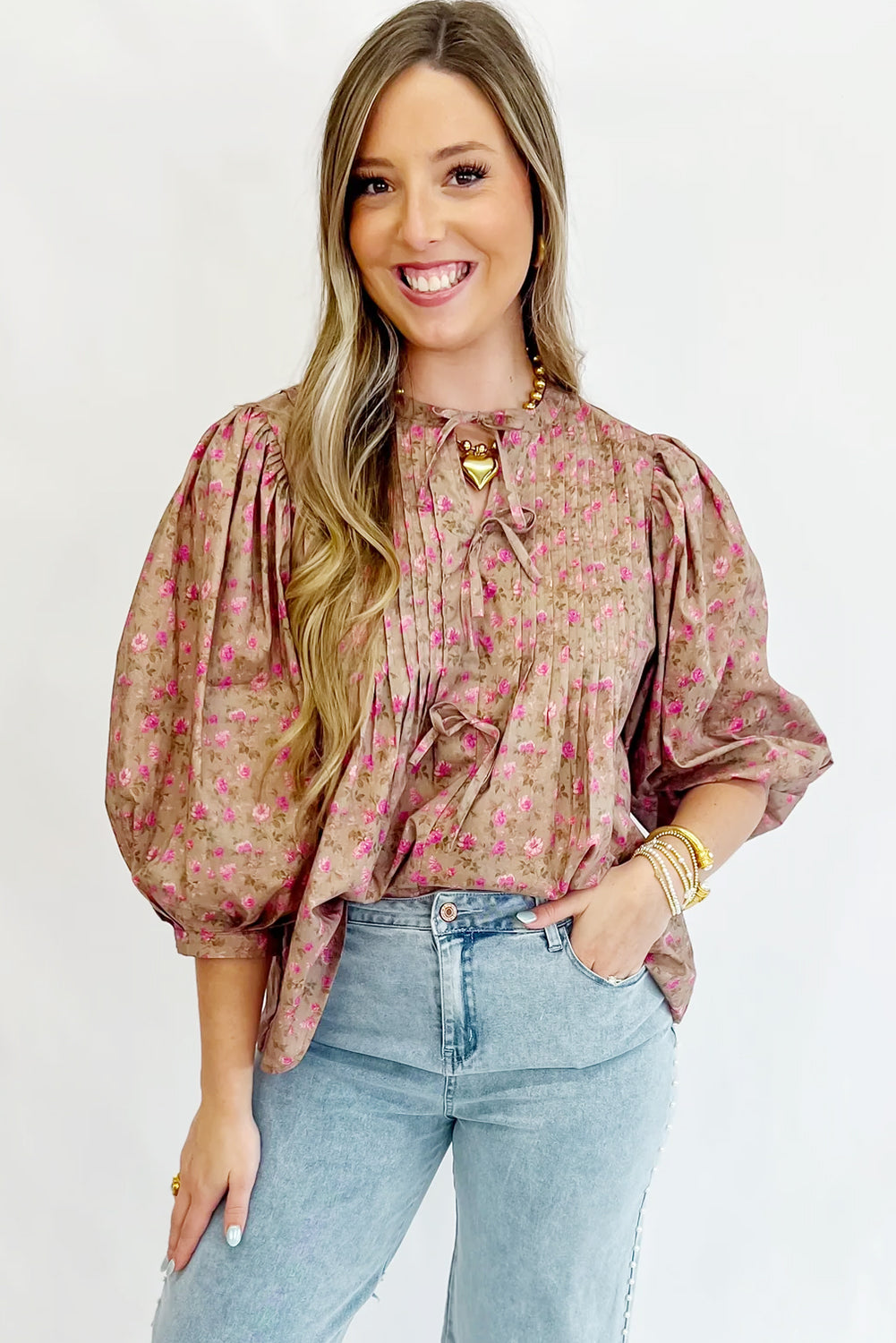 Light French Beige Floral Print Bow Pintuck Bust Half Puff Sleeve Blouse Top-Tops/Blouses & Shirts-[Adult]-[Female]-2022 Online Blue Zone Planet