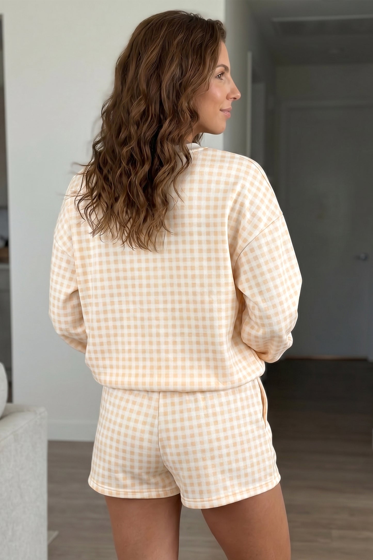 Yellow Plaid Baggy Pullover Drawstring Casual Shorts 2pcs Outfit-Two Piece Sets/Short Sets-[Adult]-[Female]-2022 Online Blue Zone Planet