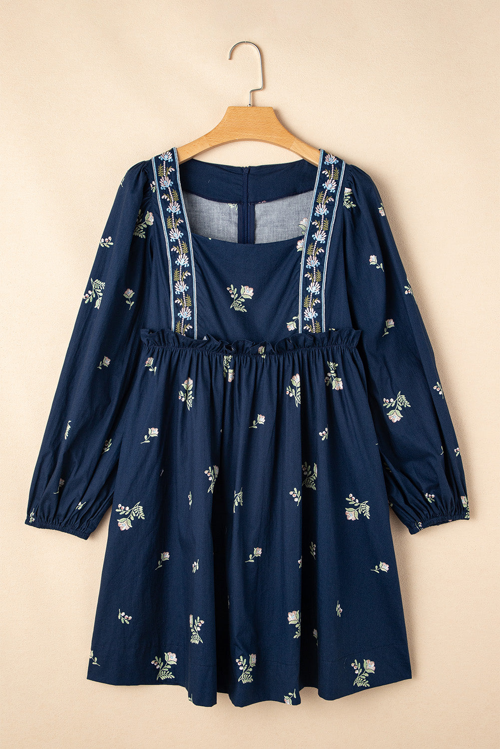 Blue Zone Planet | Blue Floral Embroidered Puff Sleeve Babydoll Dress-TOPS / DRESSES-[Adult]-[Female]-2022 Online Blue Zone Planet