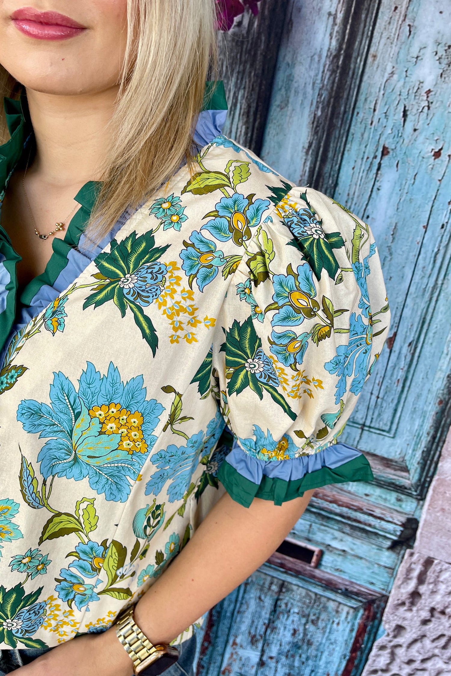 Sky Blue Plus Size Frilled V Neck Short Sleeve Floral Blouse-Plus Size/Plus Size Tops/Plus Size Blouses & Shirts-[Adult]-[Female]-2022 Online Blue Zone Planet