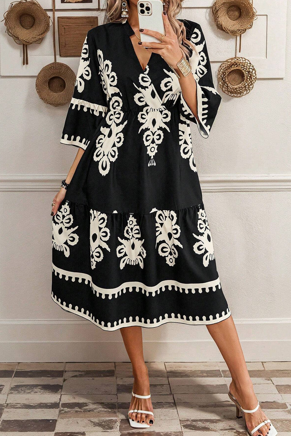 Black Western Geometric Print 3/4 Sleeve Loose Midi Dress-Dresses/Midi Dresses-[Adult]-[Female]-Black-S-2022 Online Blue Zone Planet