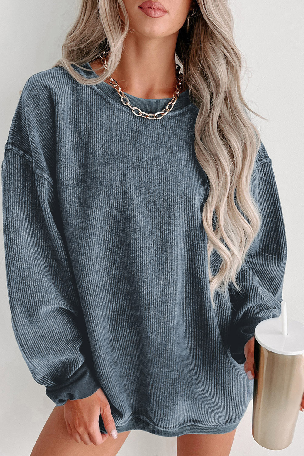 Khaki Solid Ribbed Knit Round Neck Pullover Sweatshirt-Tops/Sweatshirts & Hoodies-[Adult]-[Female]-Blue-S-2022 Online Blue Zone Planet