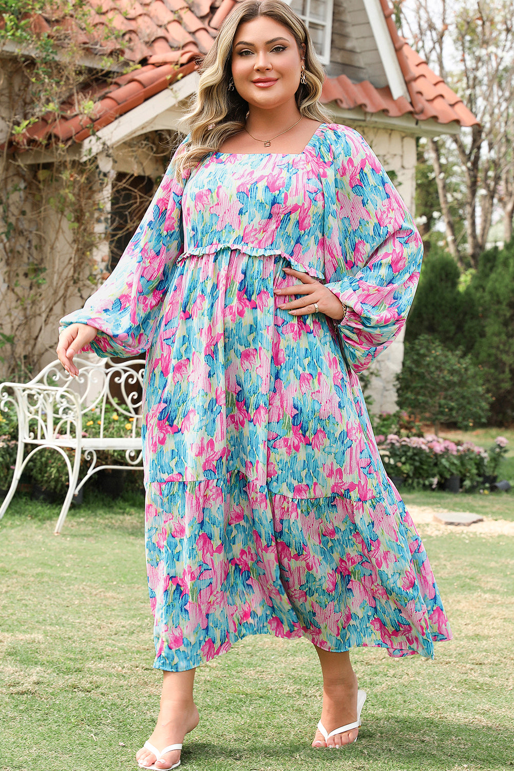 Blue Zone Planet | Sky Blue Floral Allover Print Shirred Square Neck Plus Size Maxi Dress-TOPS / DRESSES-[Adult]-[Female]-2022 Online Blue Zone Planet