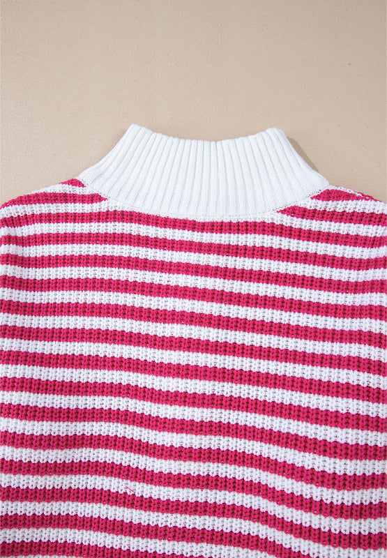 Striped Half Zip Mock Neck Long Sleeve Sweater-TOPS / DRESSES-[Adult]-[Female]-2022 Online Blue Zone Planet