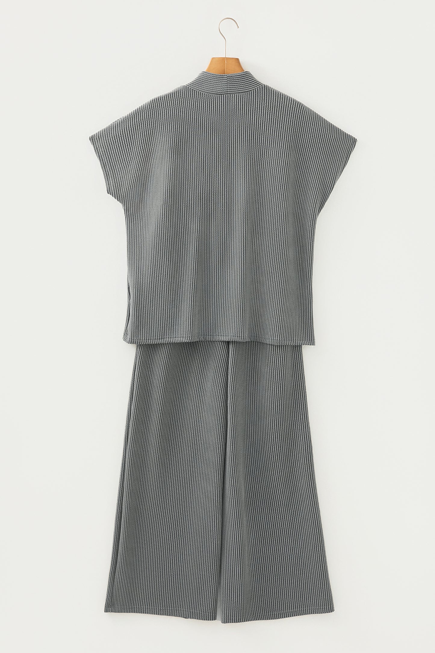 Dark Grey Twisted Ribbed High Neck Loose Tee Elastic High Waist Loose Pant Set-Two Piece Sets/Pant Sets-[Adult]-[Female]-2022 Online Blue Zone Planet