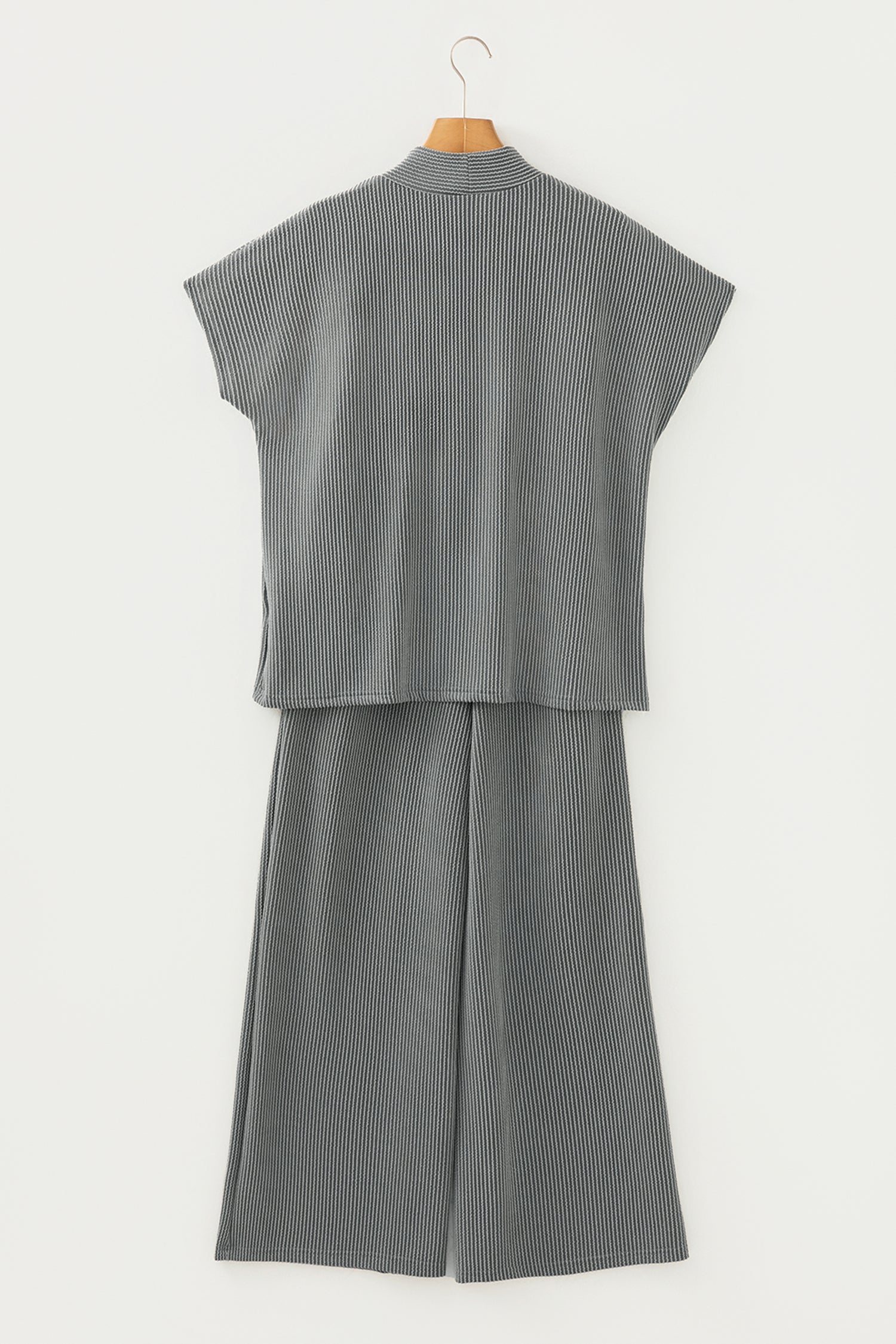 Dark Grey Twisted Ribbed High Neck Loose Tee Elastic High Waist Loose Pant Set-Two Piece Sets/Pant Sets-[Adult]-[Female]-2022 Online Blue Zone Planet