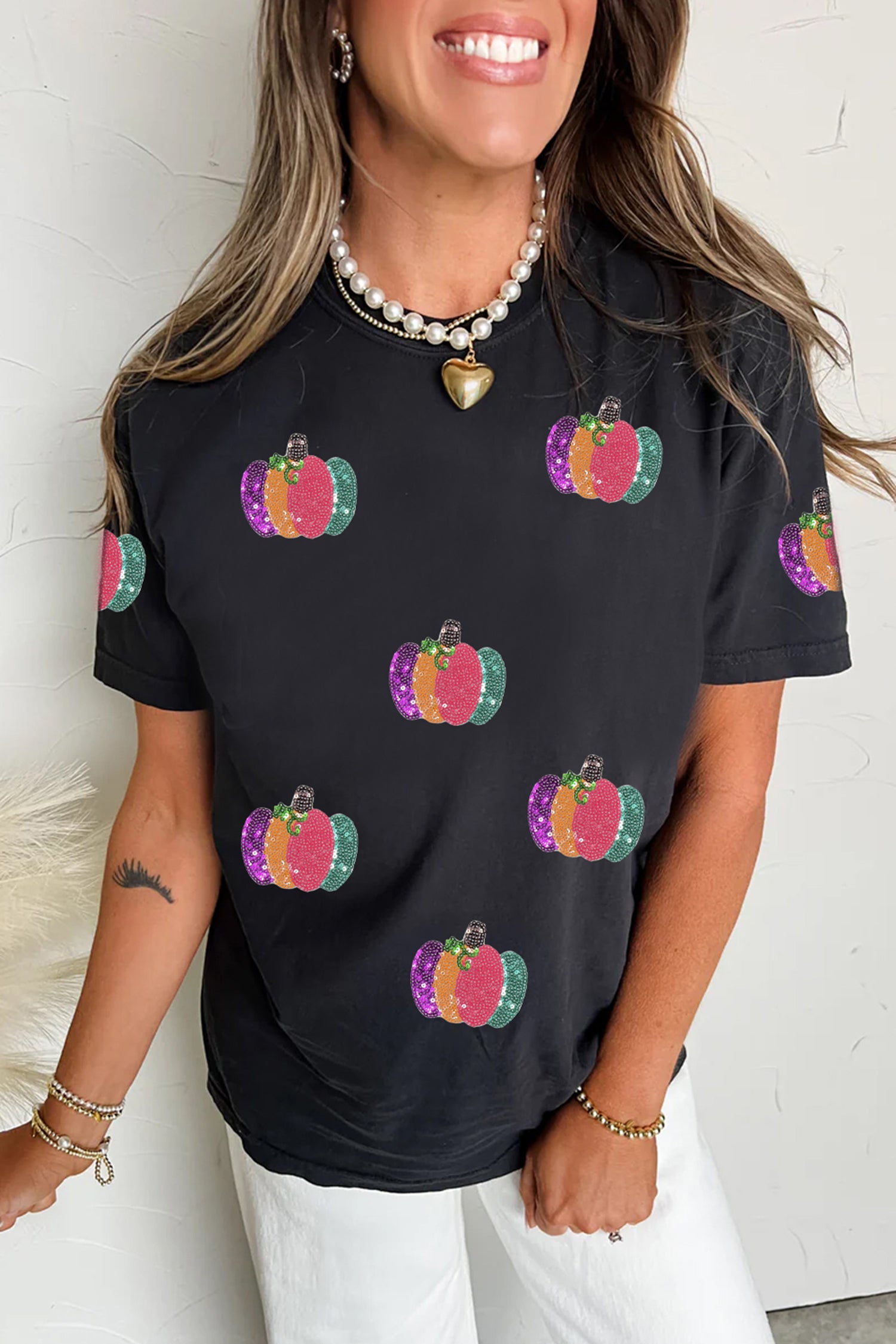 Black Sequined Pumpkin Graphic Round Neck Casual T Shirt-Graphic/Graphic Tees-[Adult]-[Female]-2022 Online Blue Zone Planet