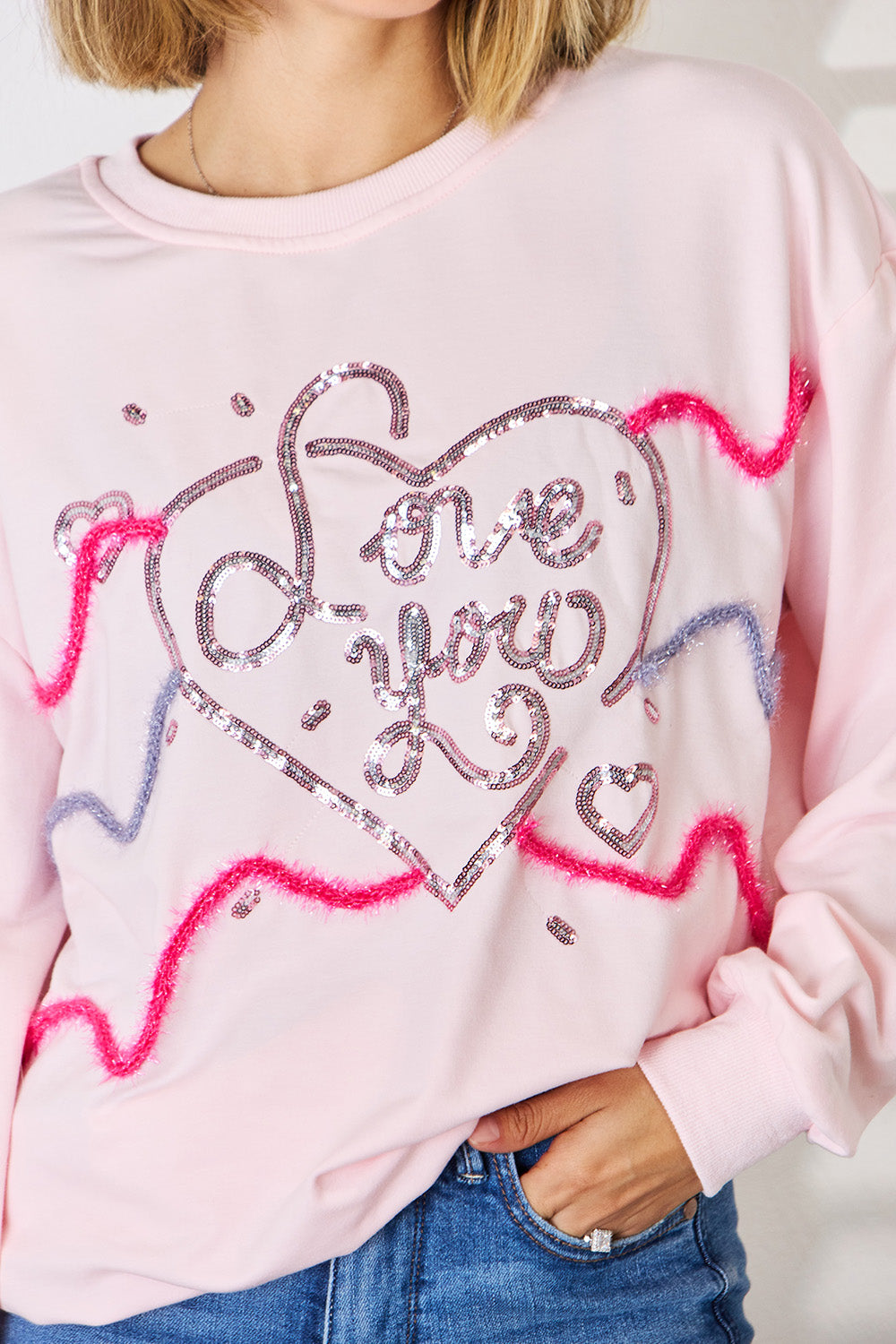 LOVE YOU Heart Sequin Round Neck Sweatshirt-TOPS / DRESSES-[Adult]-[Female]-2022 Online Blue Zone Planet