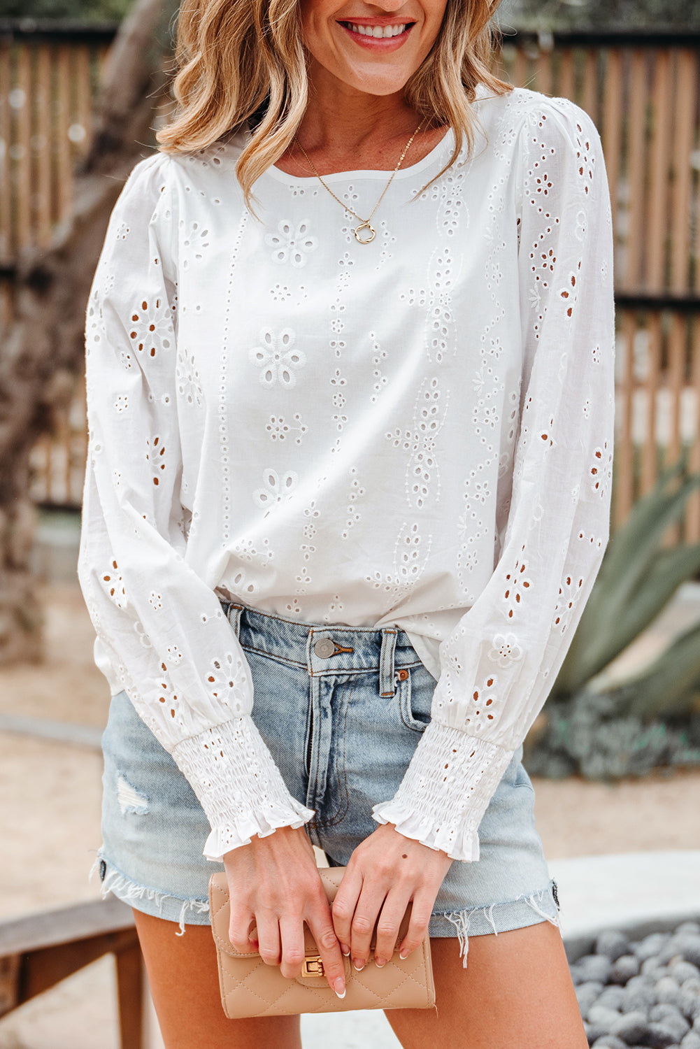 White Eyelet Embroidered Smocked Cuff Sheer Blouse-Tops/Blouses & Shirts-[Adult]-[Female]-2022 Online Blue Zone Planet