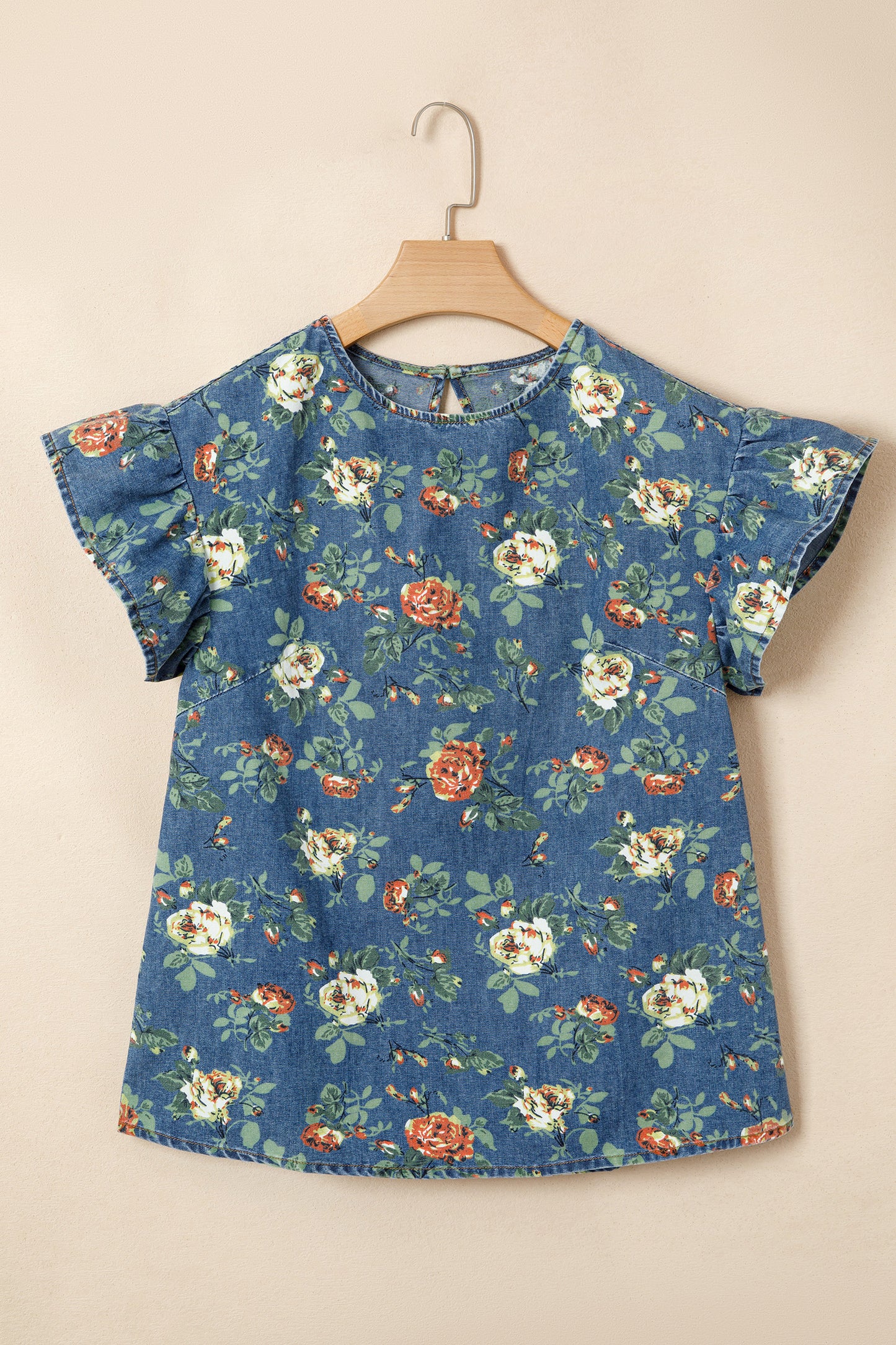 Ashleigh Blue Ruffled Short Sleeve Floral Denim Top-Tops/Tops & Tees-[Adult]-[Female]-2022 Online Blue Zone Planet