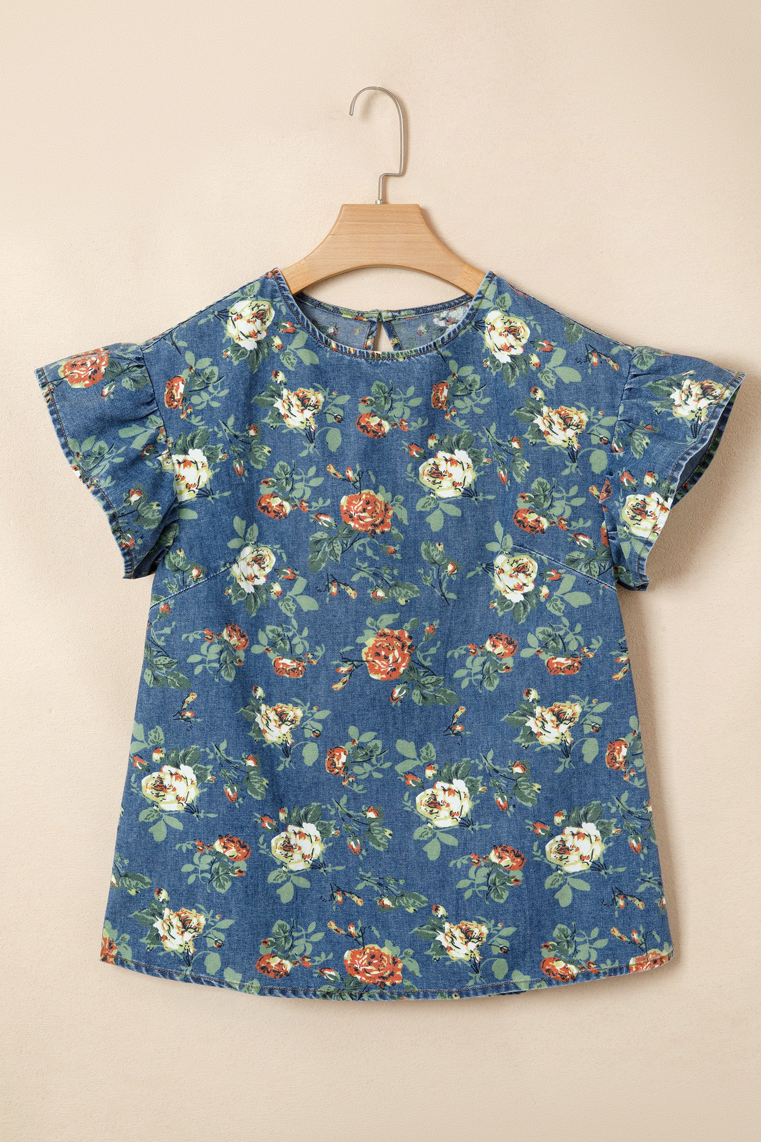 Ashleigh Blue Ruffled Short Sleeve Floral Denim Top-Tops/Tops & Tees-[Adult]-[Female]-2022 Online Blue Zone Planet