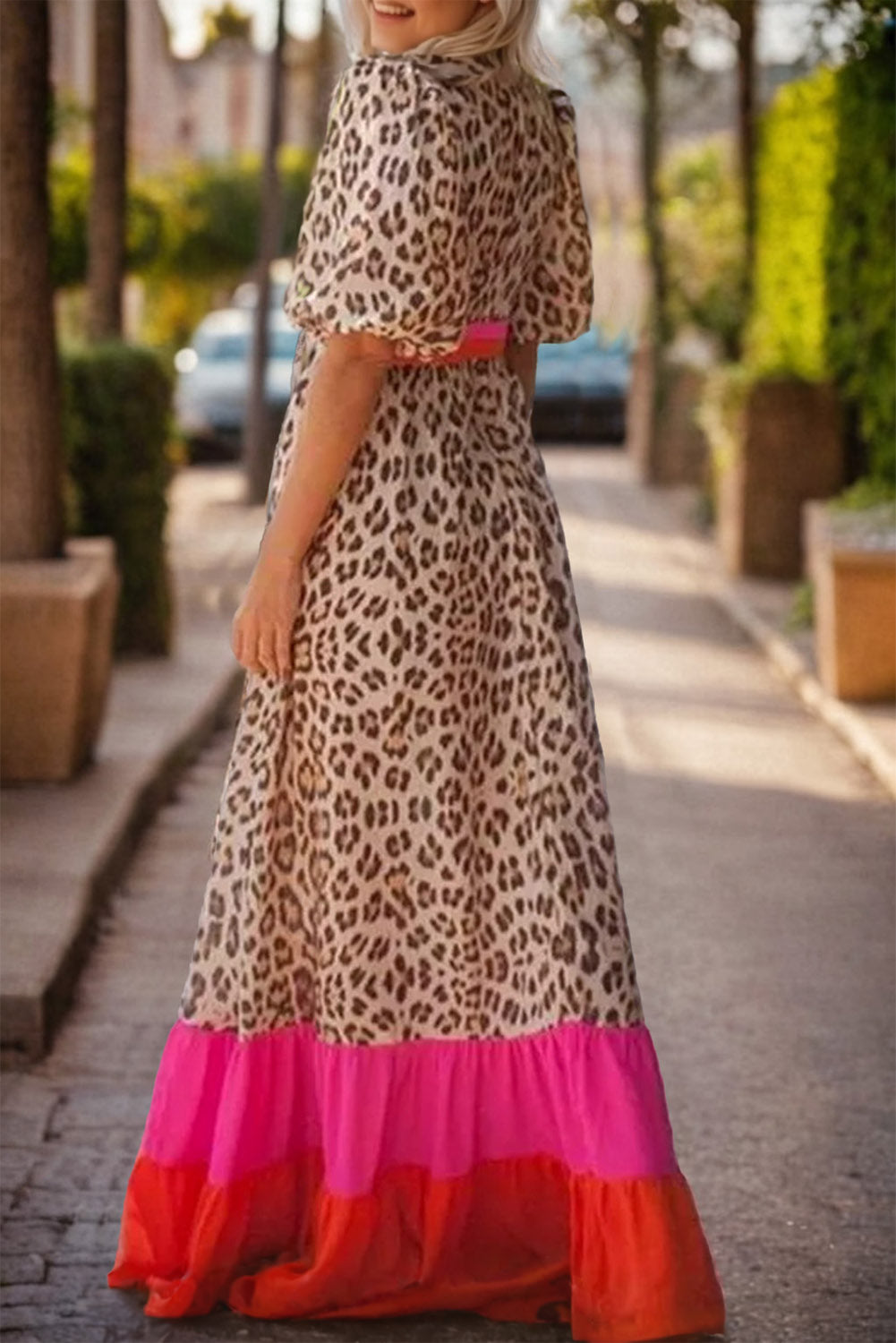 Blue Zone Planet | Bright Pink Leopard Colorblock Patchwork Bubble Sleeve Maxi Dress-TOPS / DRESSES-[Adult]-[Female]-2022 Online Blue Zone Planet