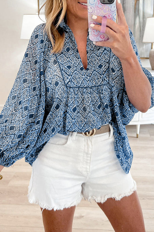 Sky Blue Western Geometric Print Frilled V Neck Loose Fit Blouse-Tops/Blouses & Shirts-[Adult]-[Female]-Sky Blue-S-2022 Online Blue Zone Planet