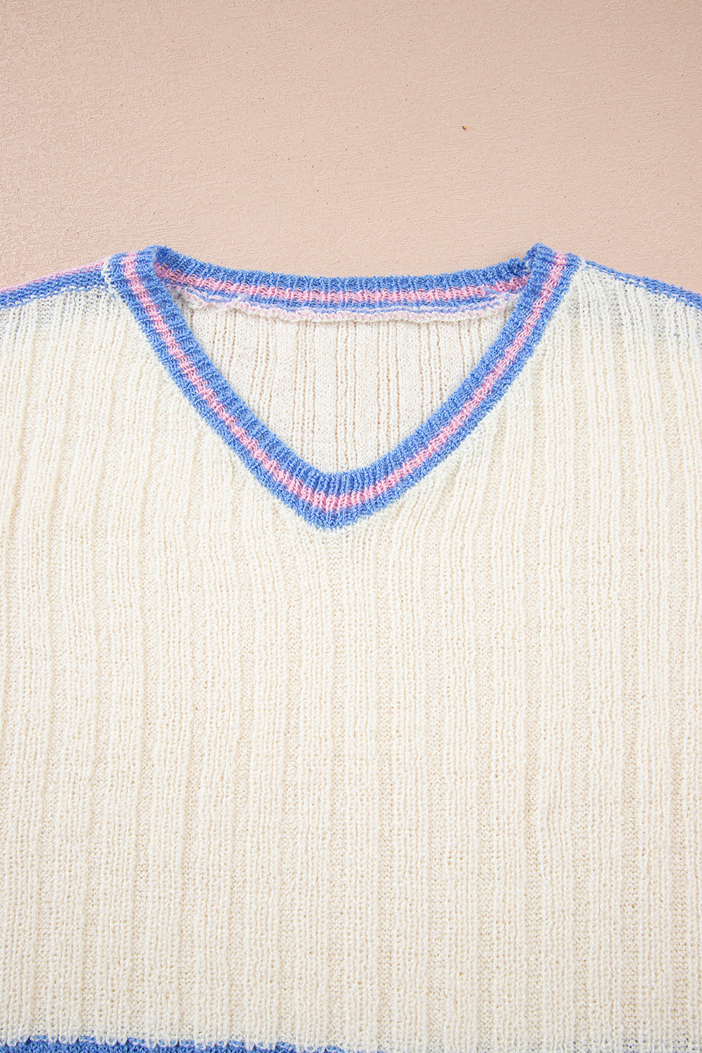 White Striped V Neck Dolman Sleeve Rib Knit Oversized Sweater with Slits-TOPS / DRESSES-[Adult]-[Female]-2022 Online Blue Zone Planet