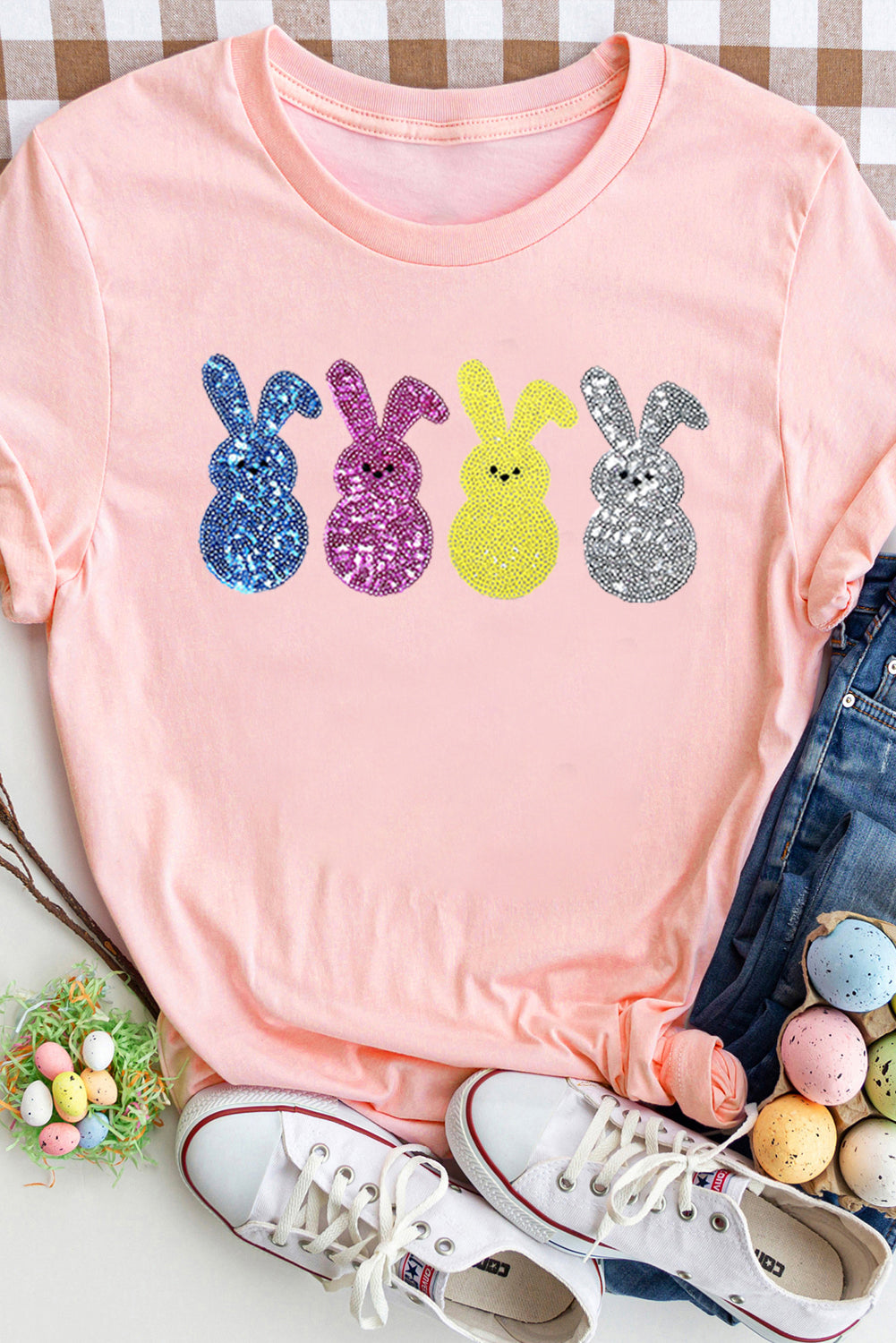 Pink Sequin Cute Bunny Graphic Easter Fashion Tee-Graphic/Graphic Tees-[Adult]-[Female]-2022 Online Blue Zone Planet