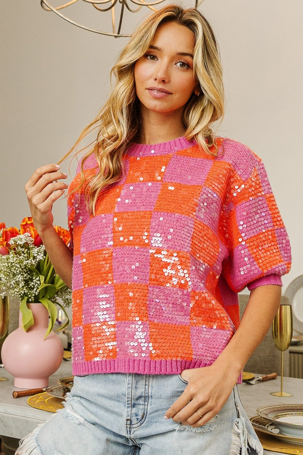 BiBi Checkered Short Sleeve Sequin Sweater-TOPS / DRESSES-[Adult]-[Female]-2022 Online Blue Zone Planet