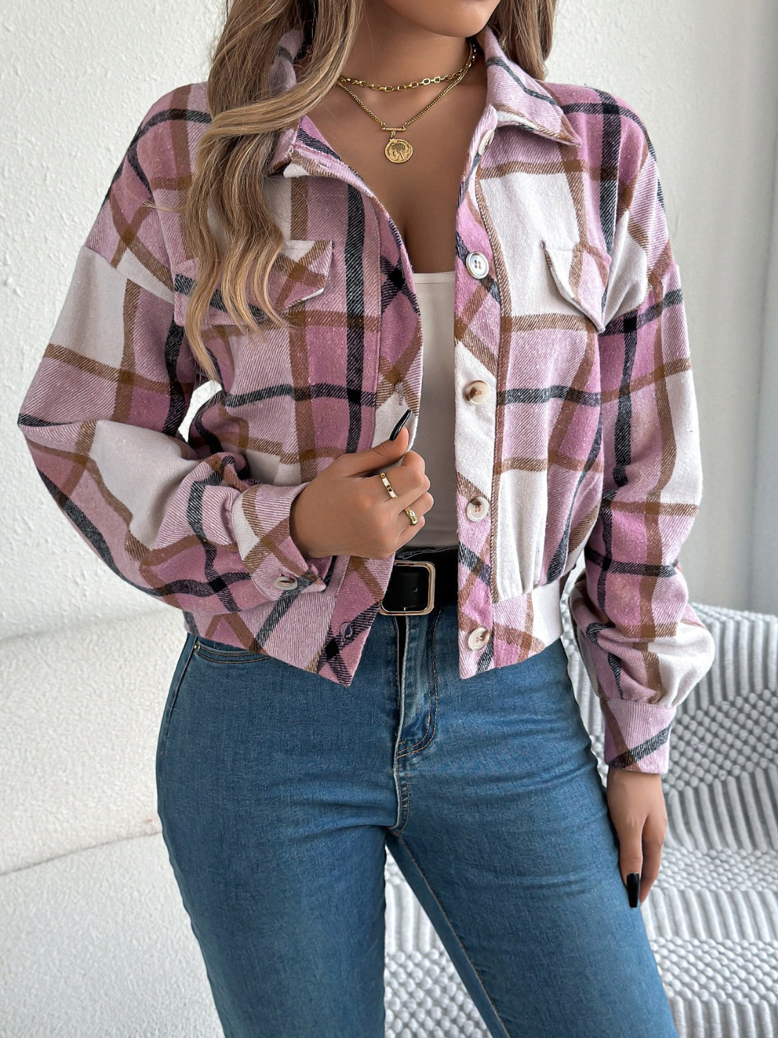 Blue Zone Planet | Plaid Button Up Long Sleeve Jacket-TOPS / DRESSES-[Adult]-[Female]-Dusty Pink-S-2022 Online Blue Zone Planet