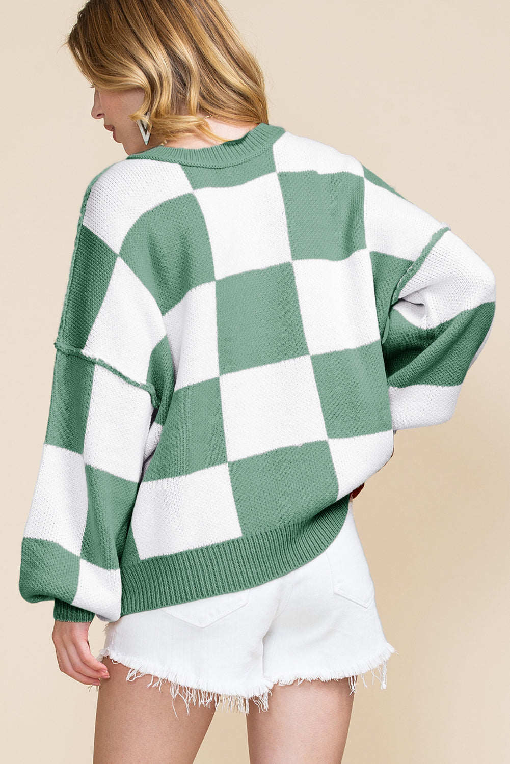 Blue Zone Planet | Pink Checked Bishop Sleeve Pullover Sweater-Sweaters-[Adult]-[Female]-2022 Online Blue Zone Planet