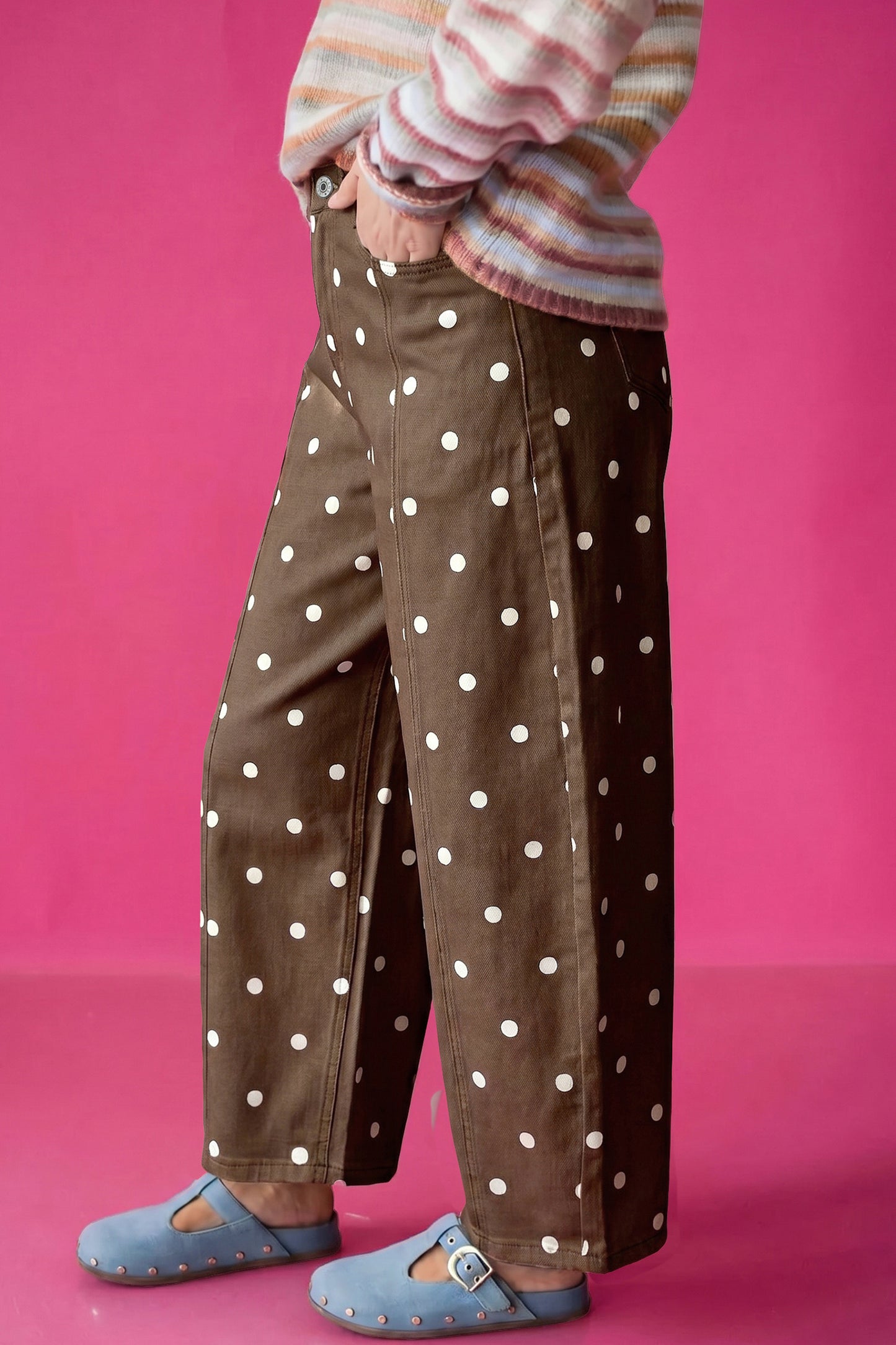 Brown Tailored Seam Polka Dot Print Barrel Casual Jeans-Bottoms/Jeans-[Adult]-[Female]-2022 Online Blue Zone Planet