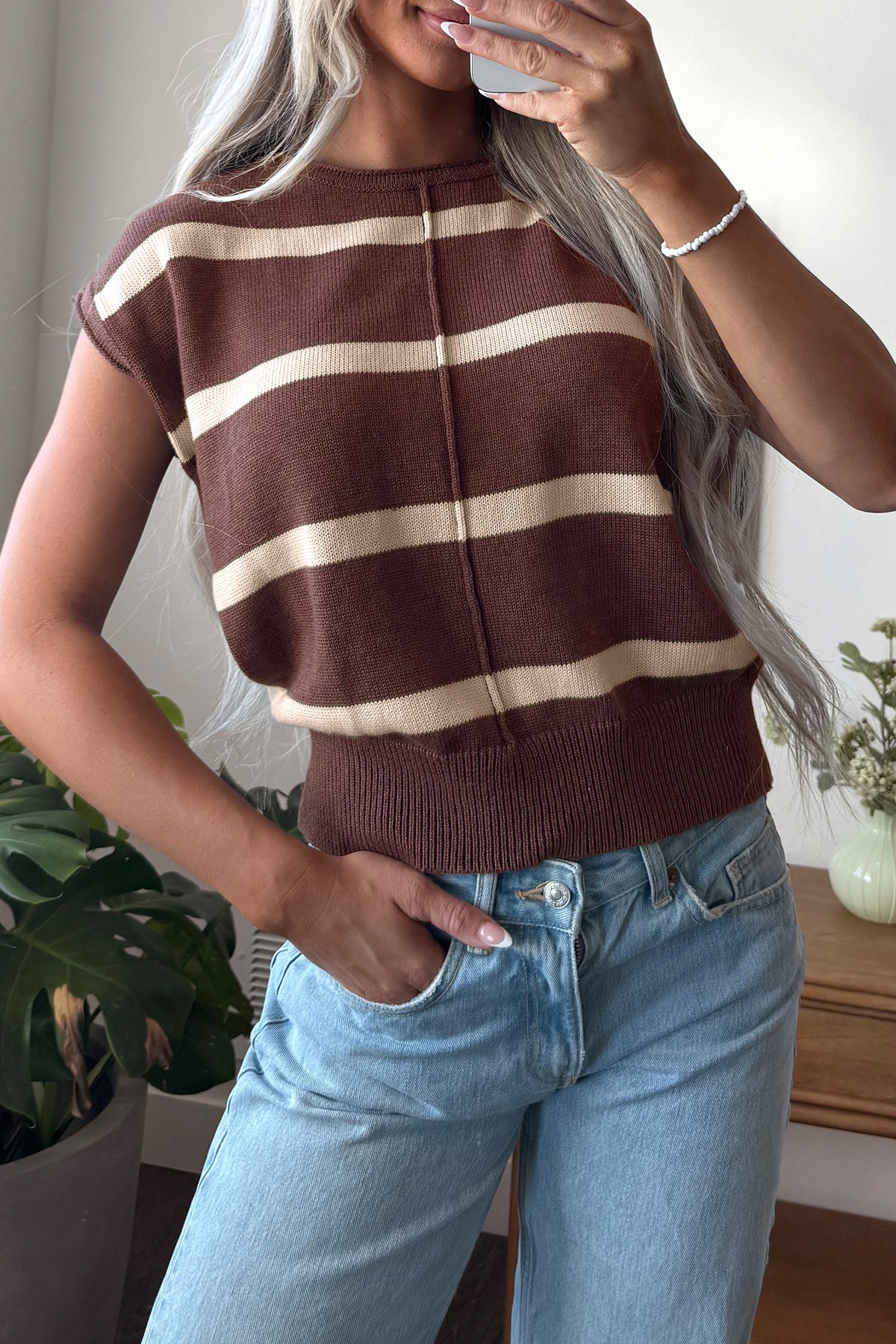 Brown Stripe Knit Western Short Sleeve Sweater-Sweaters & Cardigans/Short Sleeve Sweaters-[Adult]-[Female]-2022 Online Blue Zone Planet