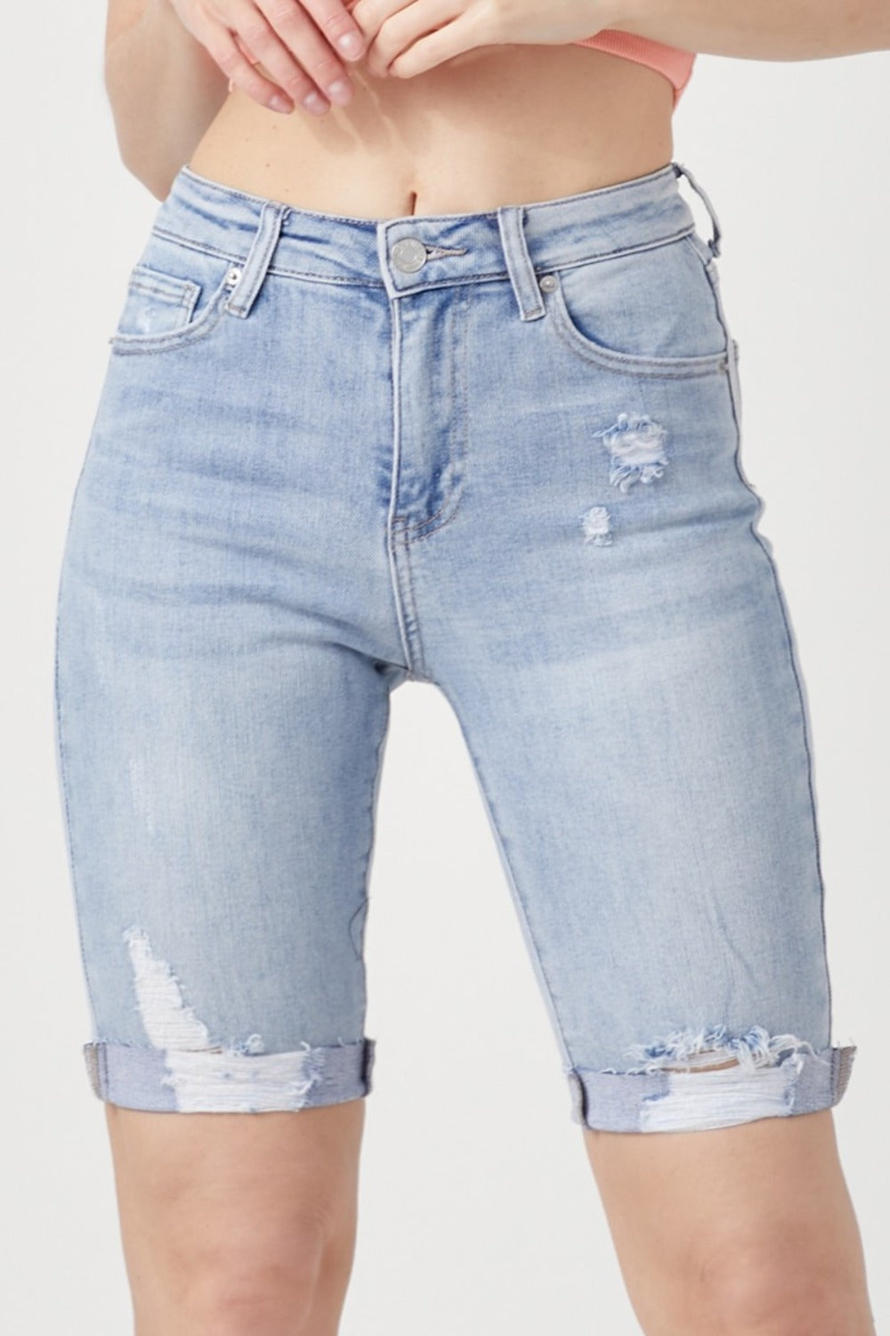 RISEN High Rise Distressed Denim Bermuda Shorts-BOTTOMS SIZES SMALL MEDIUM LARGE-[Adult]-[Female]-Light-1(25)-2022 Online Blue Zone Planet