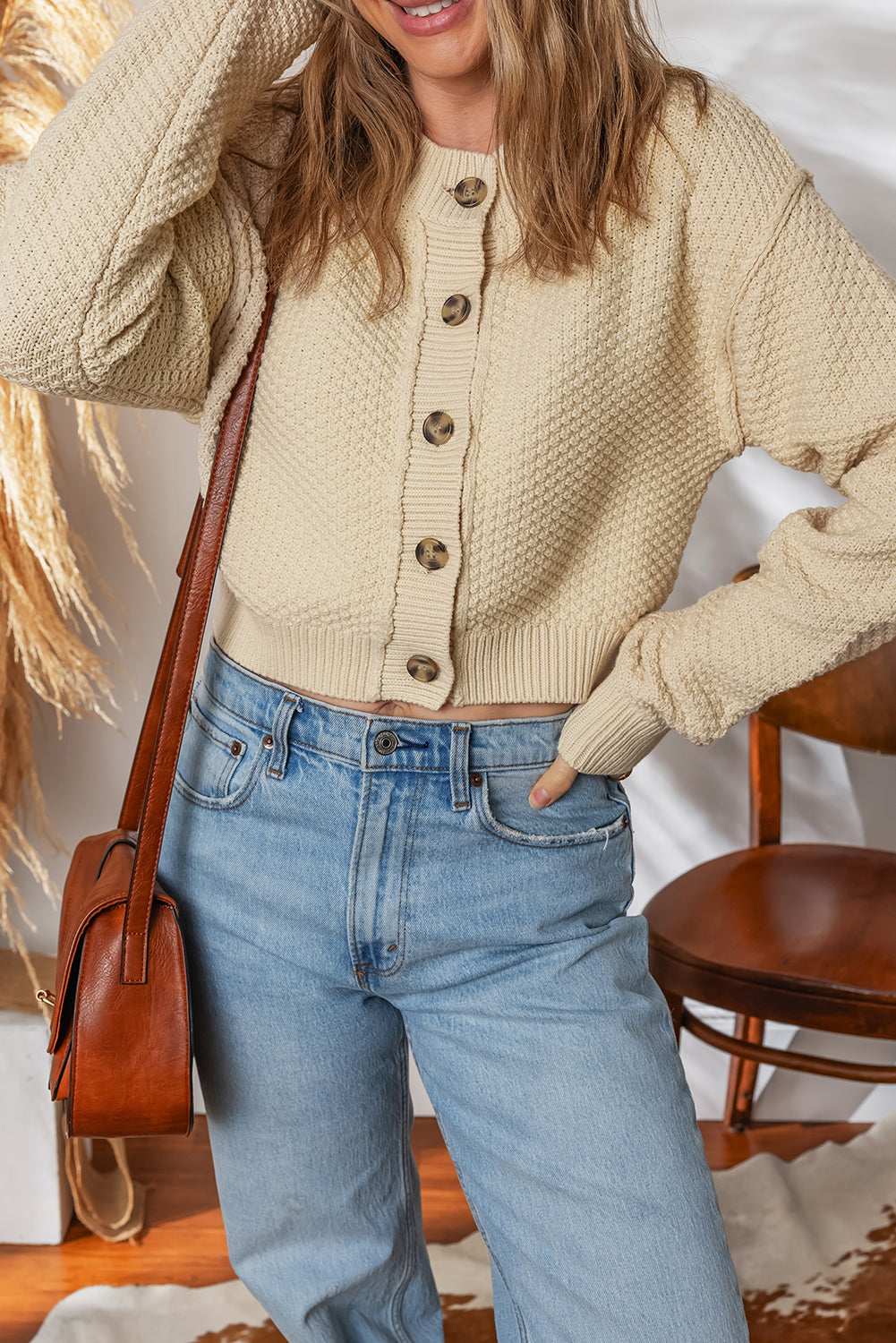 Beige Button Front Cropped Cardigan Sweater-TOPS / DRESSES-[Adult]-[Female]-2022 Online Blue Zone Planet