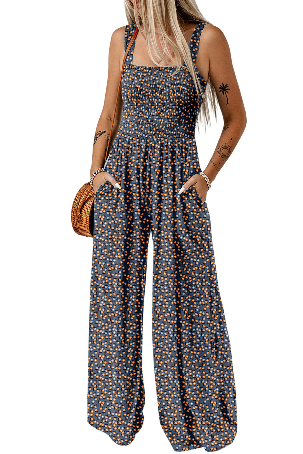 Blue Floral Square Neckline Stretch High Waist Jumpsuit-Jumpsuits-[Adult]-[Female]-2022 Online Blue Zone Planet