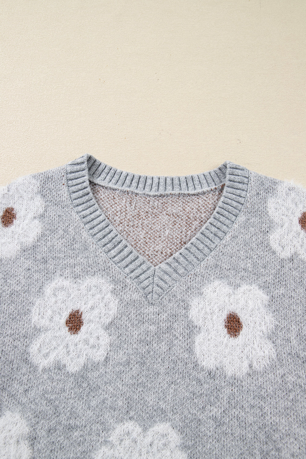 Gray Cute Flower Print V Neck Drop Shoulder Baggy Sweater-TOPS / DRESSES-[Adult]-[Female]-2022 Online Blue Zone Planet