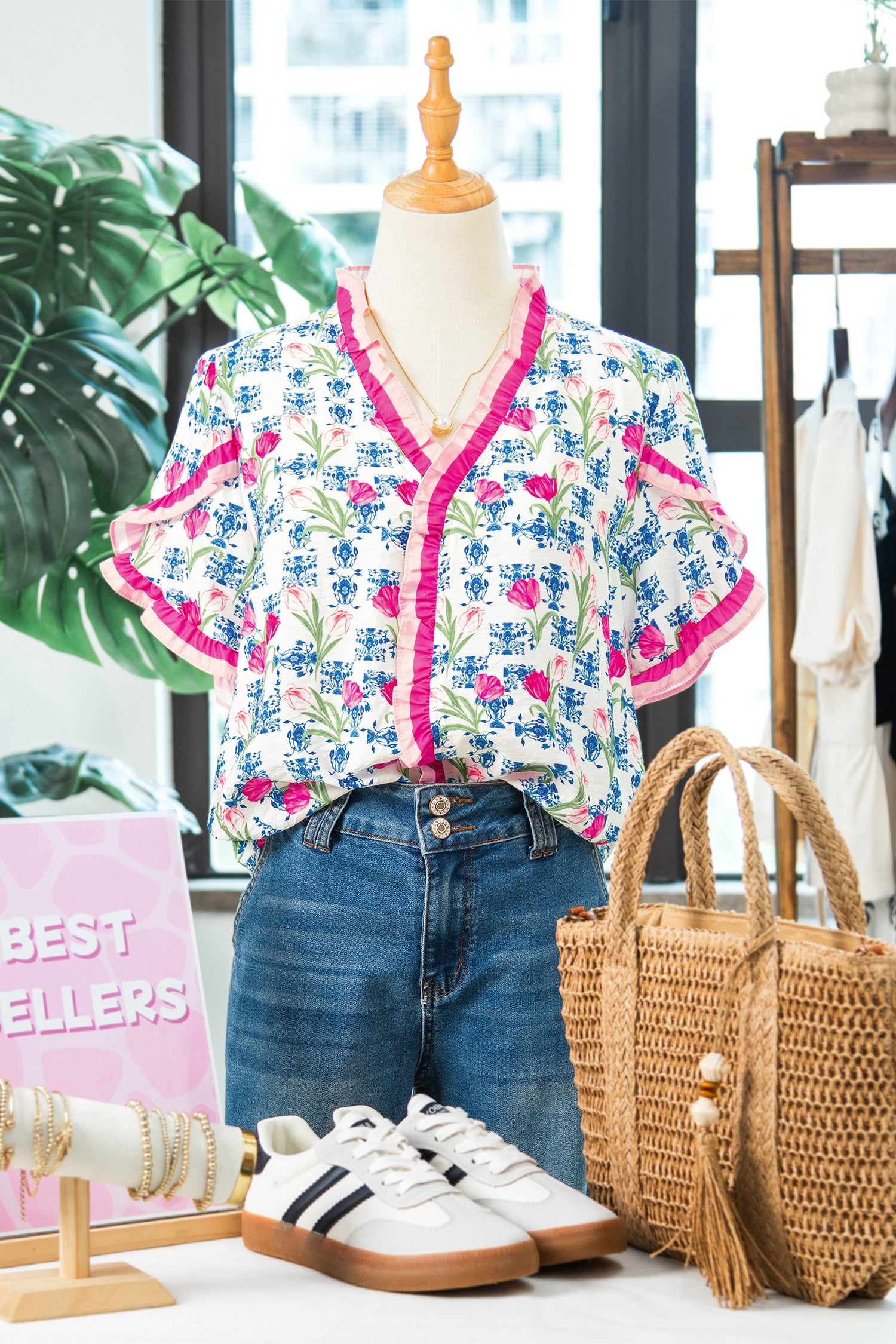 Rose Floral Print Ruffle V-Neck Short Sleeve Loose Tunic Shirt-Tops/Blouses & Shirts-[Adult]-[Female]-2022 Online Blue Zone Planet